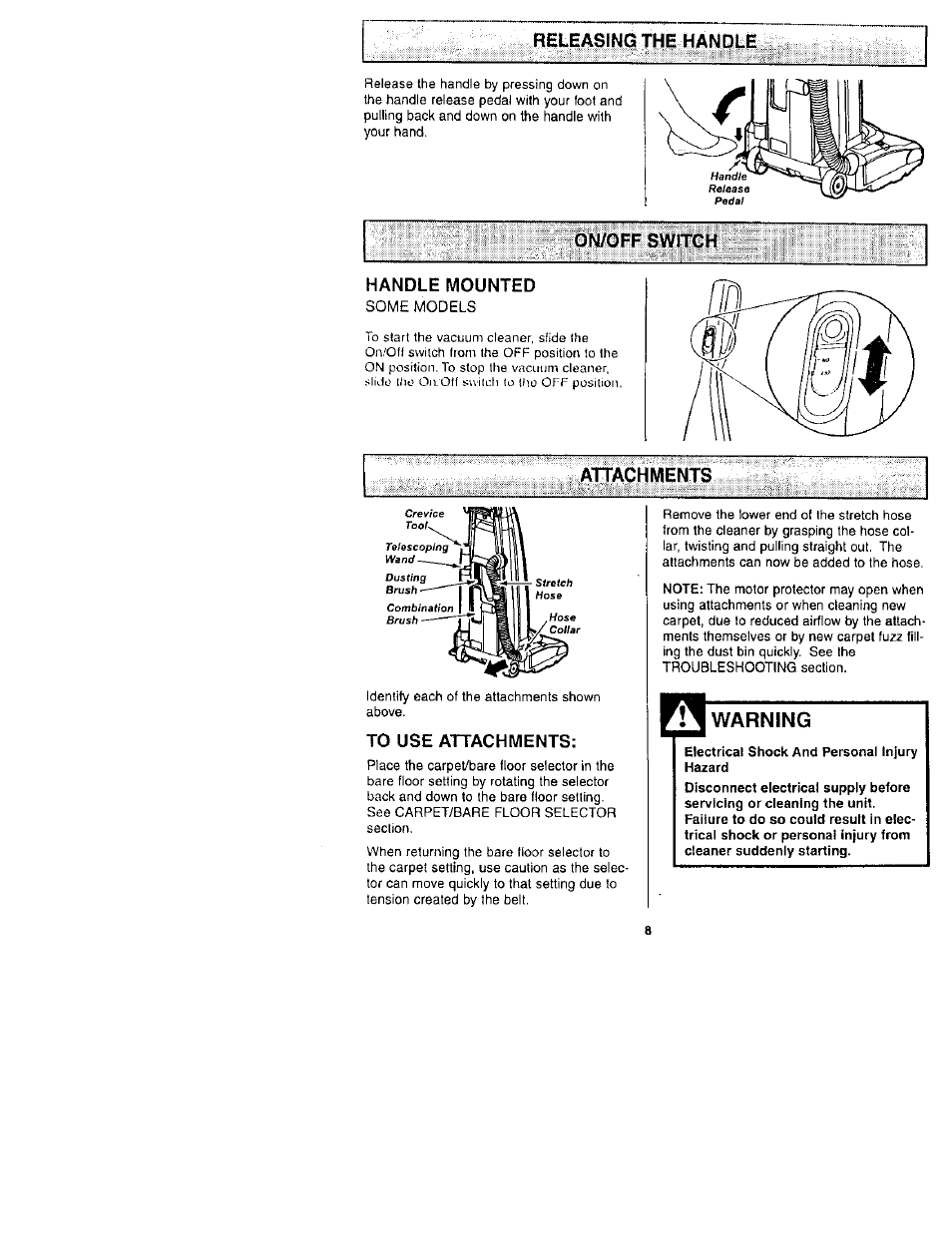 Releasing the handle, Handle mounted, Attachments | To use attachments, Warning, Attachments -10, Brush | Kenmore 116.31722 User Manual | Page 8 / 24