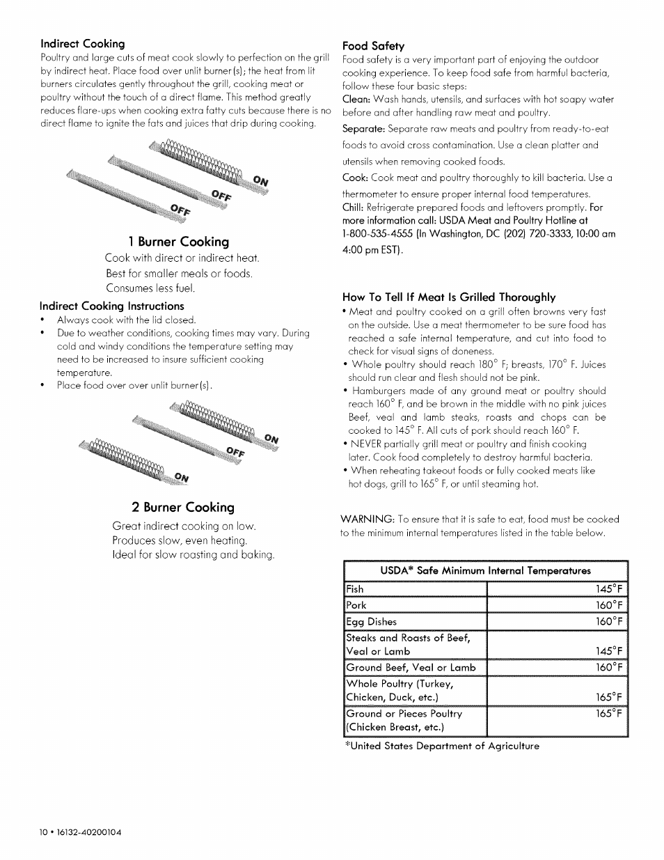 Indirect cooking, 1 burner cooking, Indirect cooking instructions | 2 burner cooking, Food safety, How to tell if meat is grilled thoroughly, Qpf, off | Kenmore 146.1613311 User Manual | Page 10 / 32