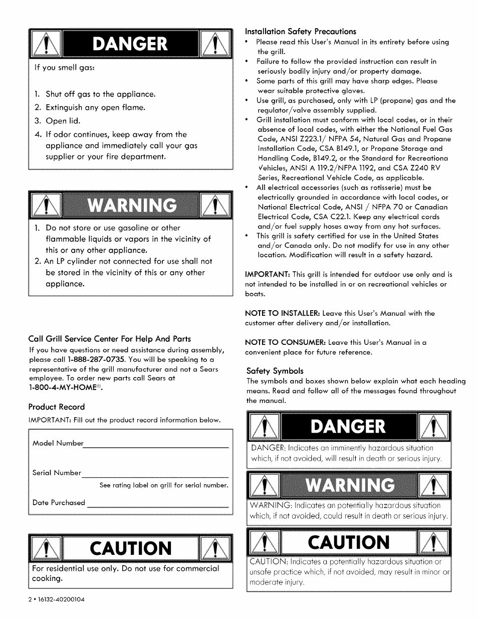 Danger, Installation safety precautions, Call grill service center for help and parts | Product record, Sofety symbols, D1 caution a, 1 ? caution { ! 1 | Kenmore 146.1613311 User Manual | Page 2 / 32