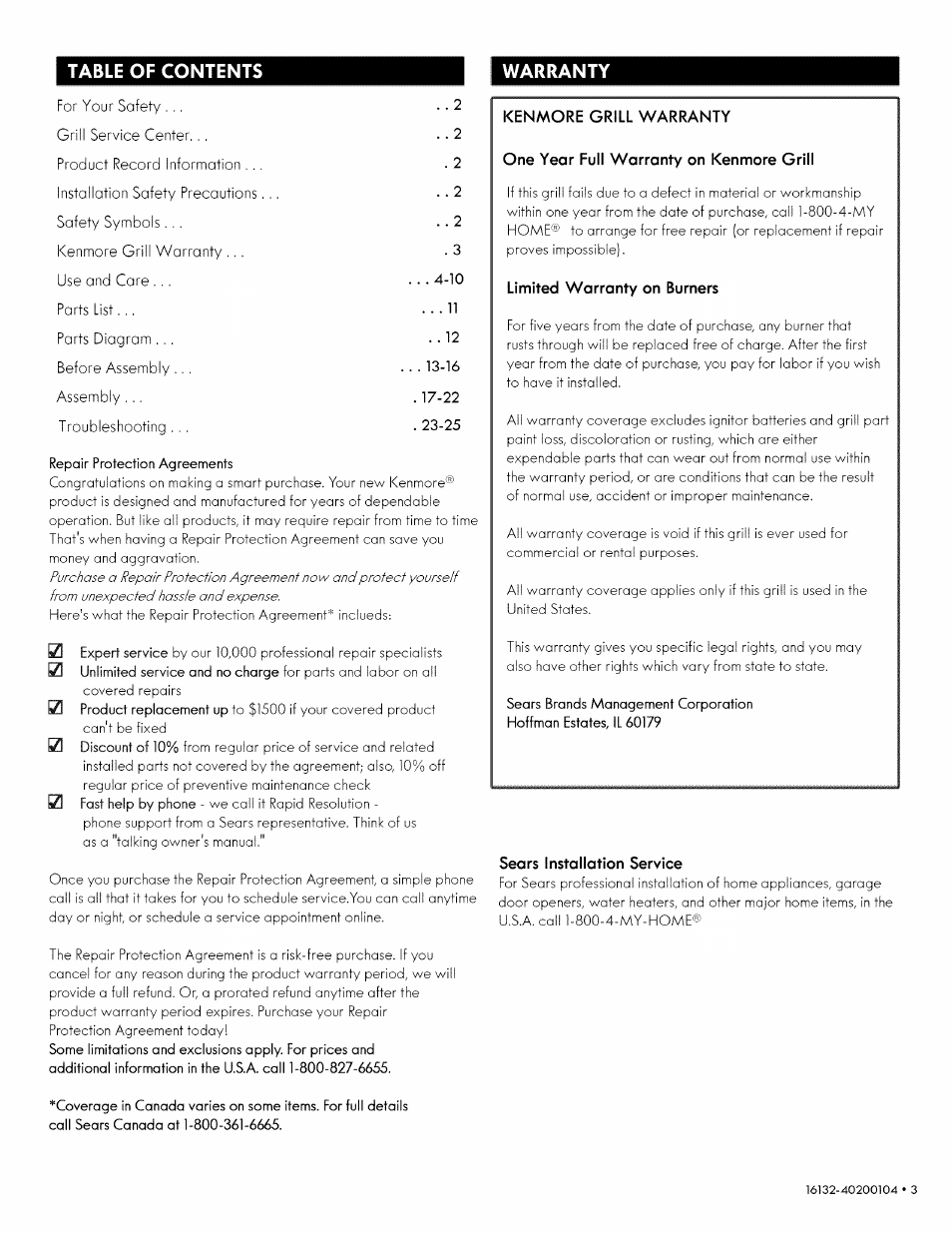 Sears installation service, Table of contents warranty | Kenmore 146.1613311 User Manual | Page 3 / 32