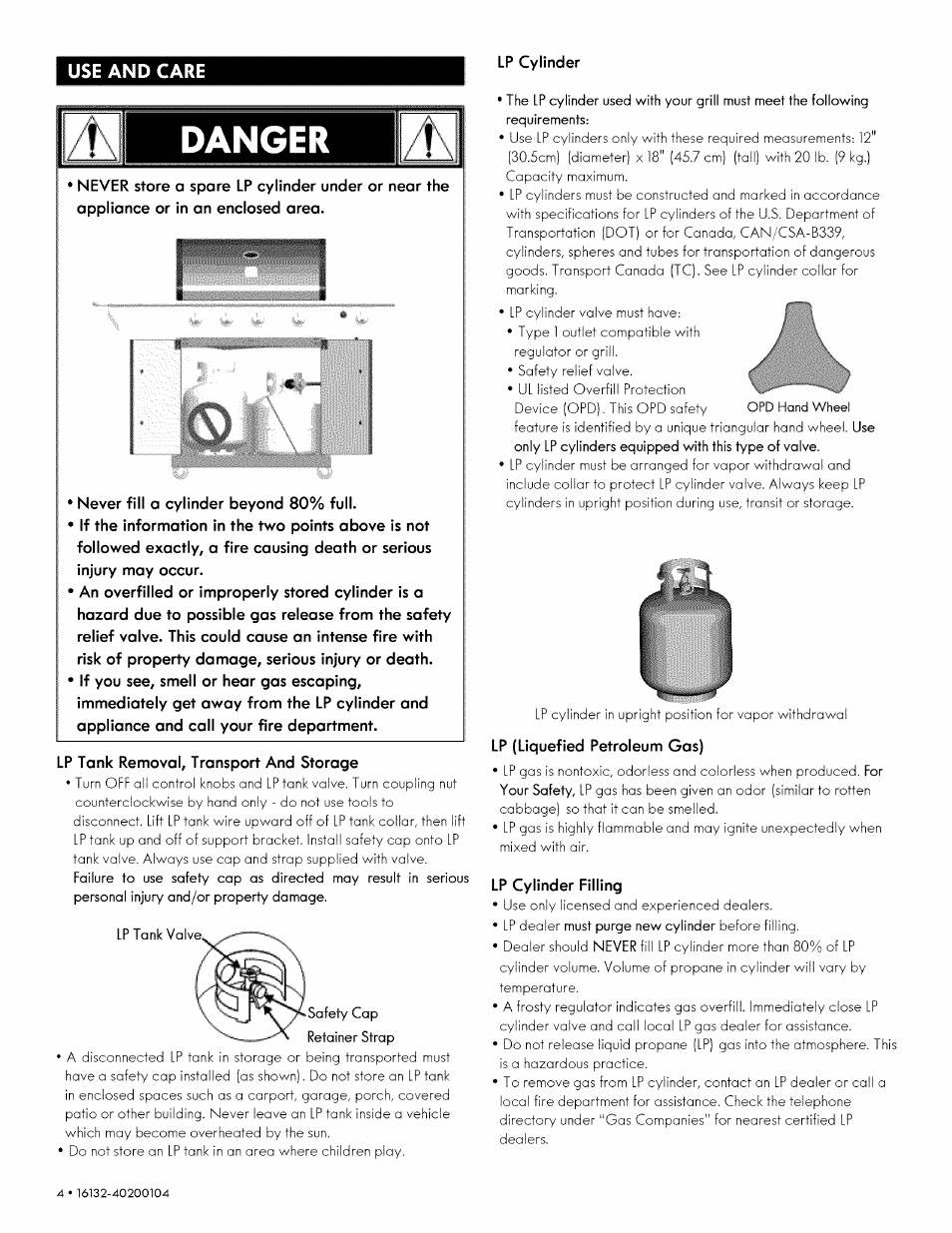 Lp tank removal, transport and storage, Lp cylinder, Lp (liquefied petroleum gas) | Lp cylinder filling, Danger, Use and care | Kenmore 146.1613311 User Manual | Page 4 / 32