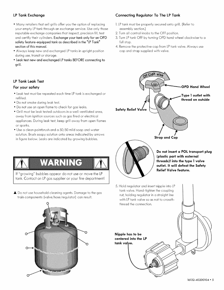 Connecting regulator to the lp tank, Lp tank leak test for your safety | Kenmore 146.1613311 User Manual | Page 5 / 32