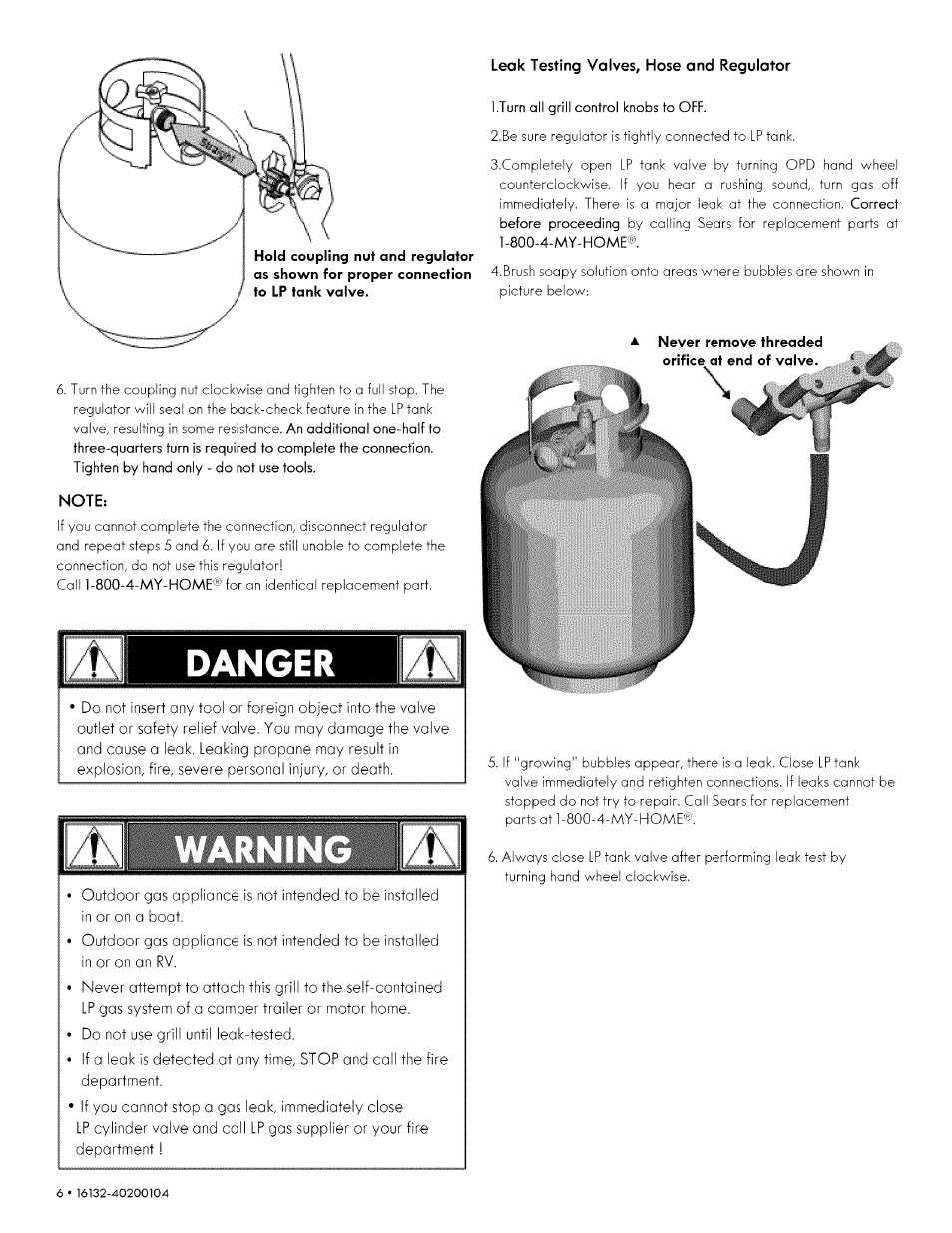 Note, Danger, Leak testing valves, hose and regulator | Kenmore 146.1613311 User Manual | Page 6 / 32