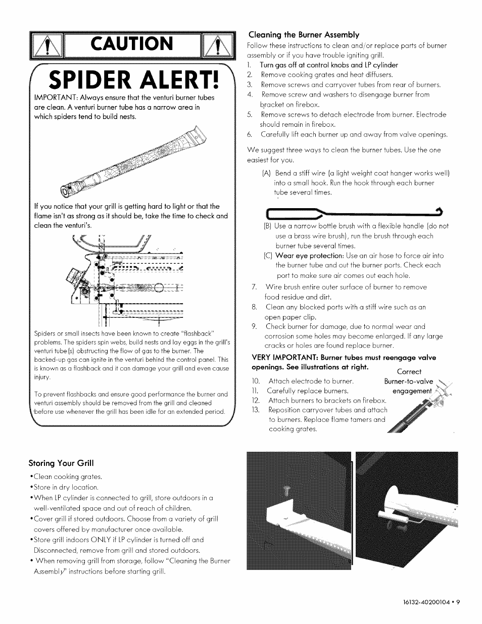 Cleaning the burner assembly, Storing your grill, Spider alert | Caution, Z' ! '■ j | Kenmore 146.1613311 User Manual | Page 9 / 32