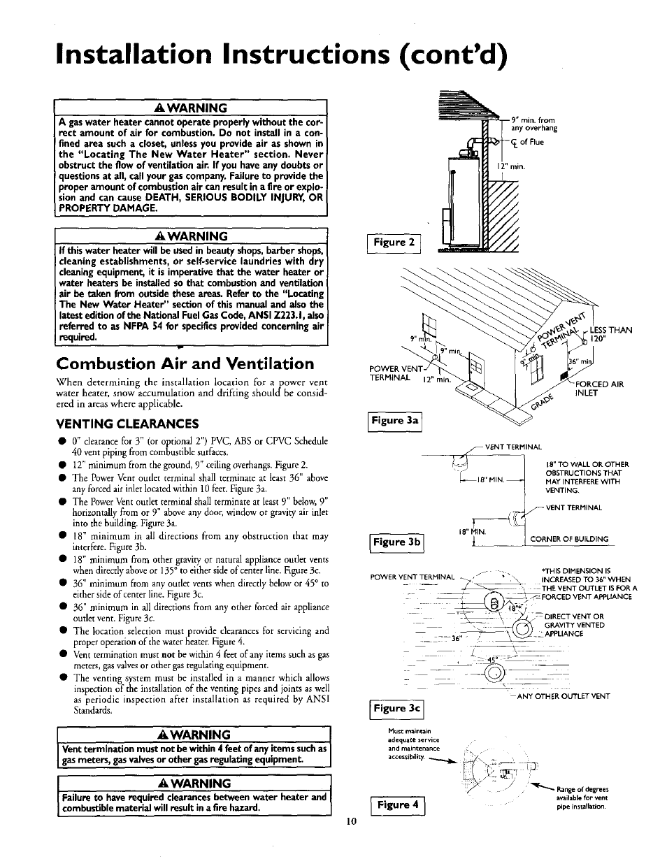 Awarning, Venting clearances, Installation instructions (cont’d) | Combustion air and ventilation | Kenmore 153.335963 User Manual | Page 10 / 44