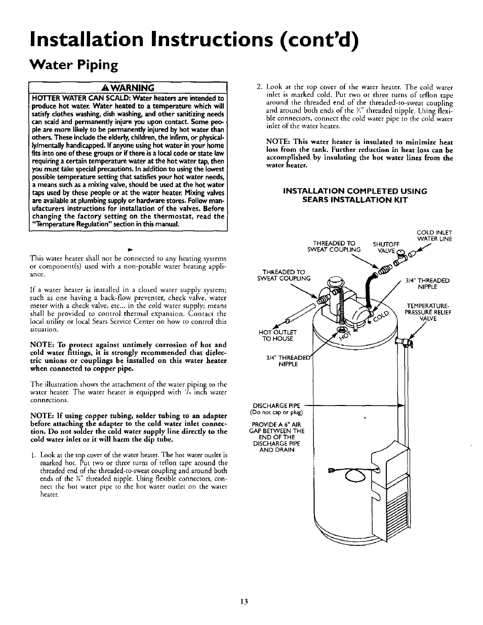 Installation instructions (cont’d), Water piping, A warning | Kenmore 153.335963 User Manual | Page 13 / 44