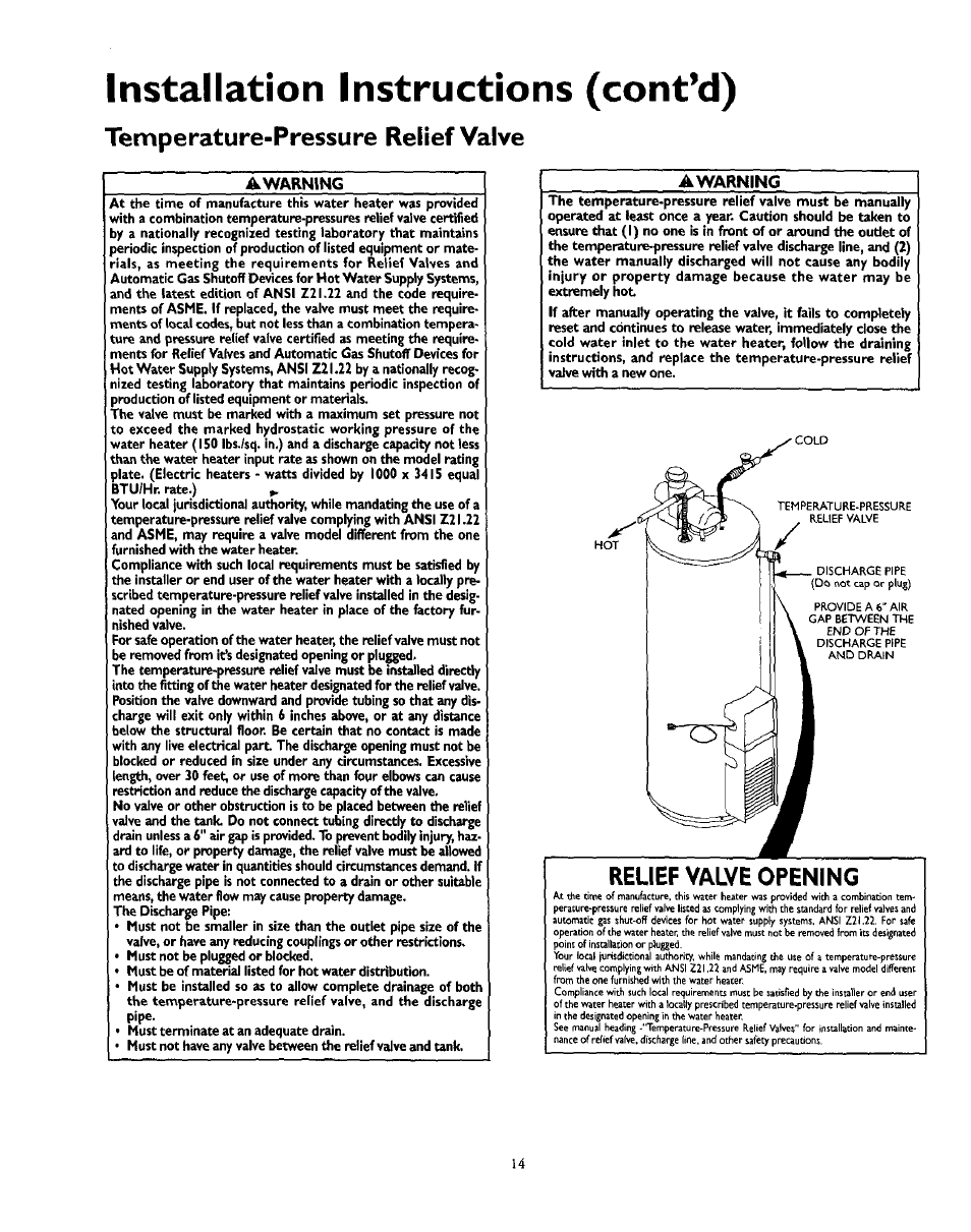 Warning, Installation instructions (cont’d), Temperature-pressure relief valve | Relief valve opening | Kenmore 153.335963 User Manual | Page 14 / 44