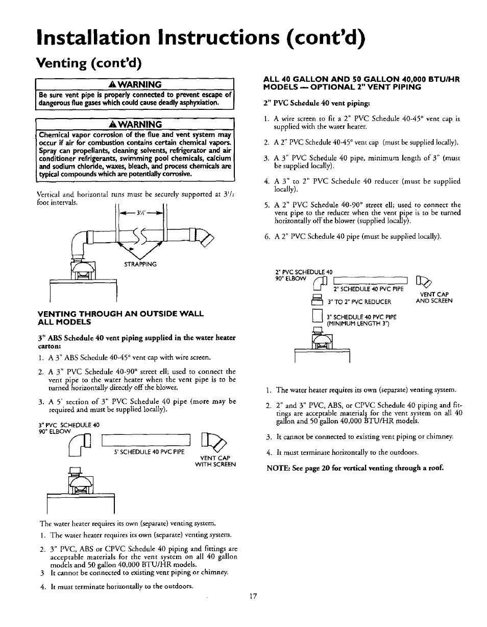 Awarning, Installation instructions (cont’d), Venting (cont’d) | Kenmore 153.335963 User Manual | Page 17 / 44