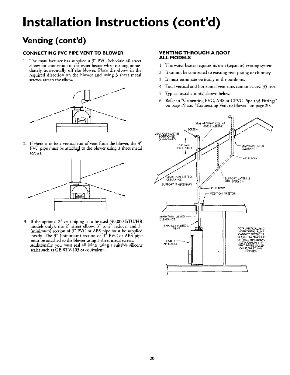 Installation instructions (cont’d), Venting (cont’d), Connecting pvc pipe vent to blower | Venting through a roof all models | Kenmore 153.335963 User Manual | Page 20 / 44