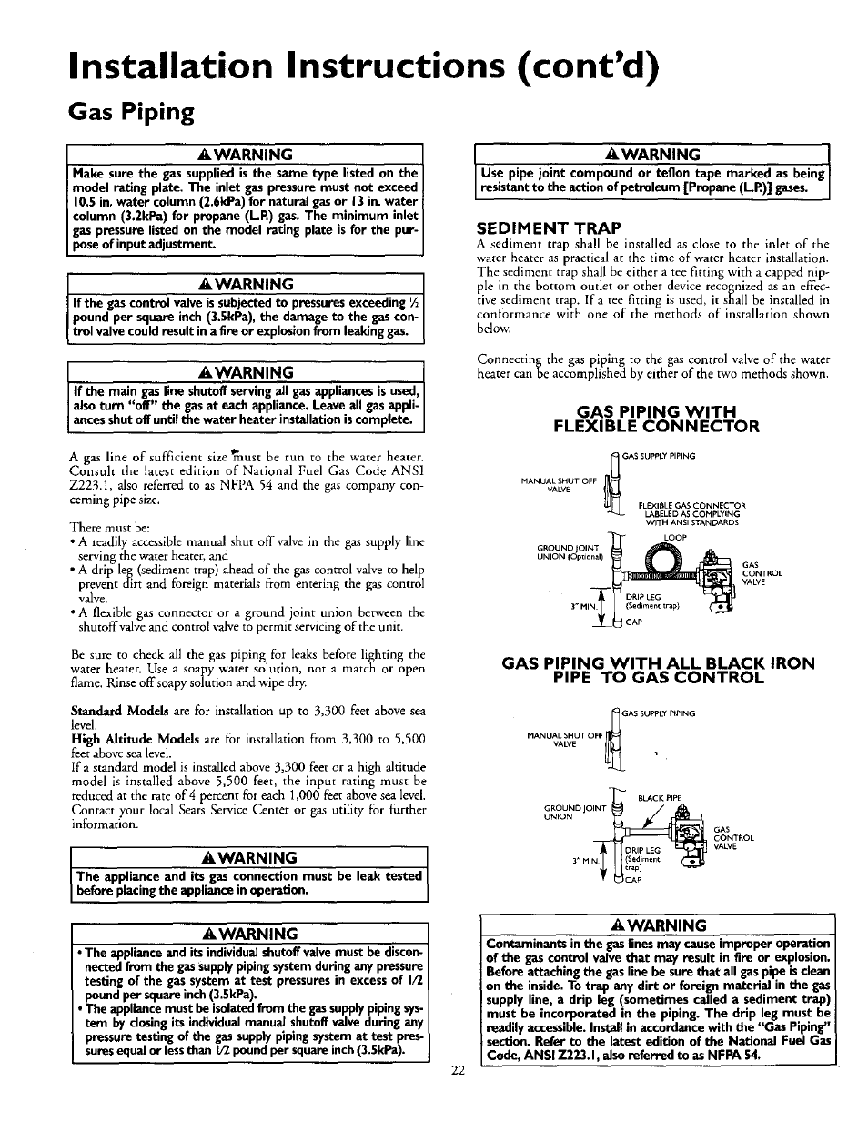 A warning, Awarning, Sediment trap | Gas piping with flexible connector, Gas piping with all black iron pipe to gas control, Installation instructions (cont’d), Gas piping | Kenmore 153.335963 User Manual | Page 22 / 44