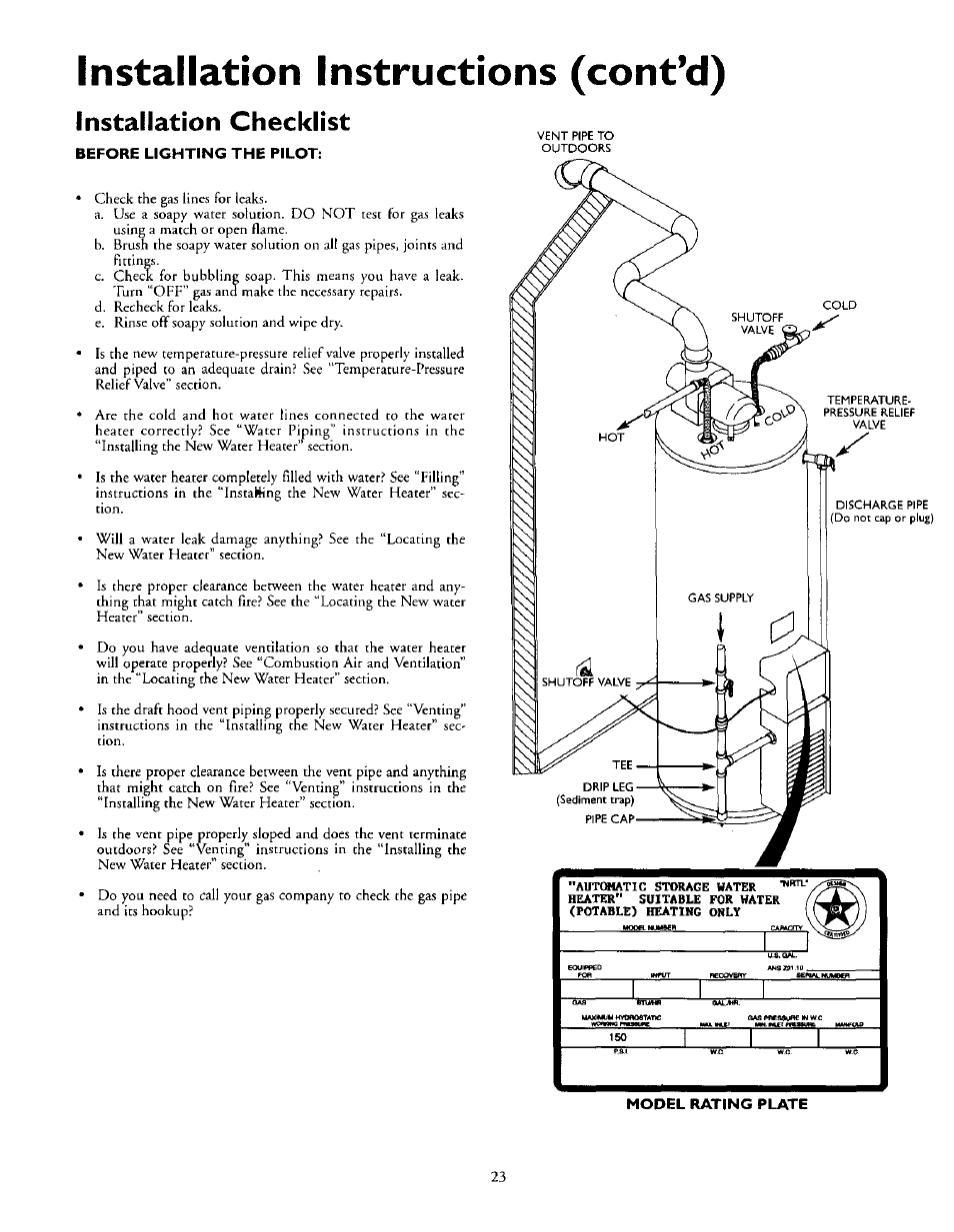 Installation checklist, Installation instructions (cont’d), Before lighting the pilot | Model rating plate 23 | Kenmore 153.335963 User Manual | Page 23 / 44