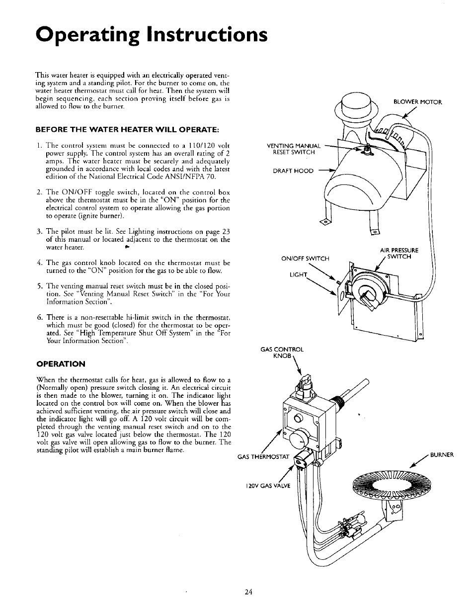 Operating instructions, Before the water heater will operate, Operation | Kenmore 153.335963 User Manual | Page 24 / 44