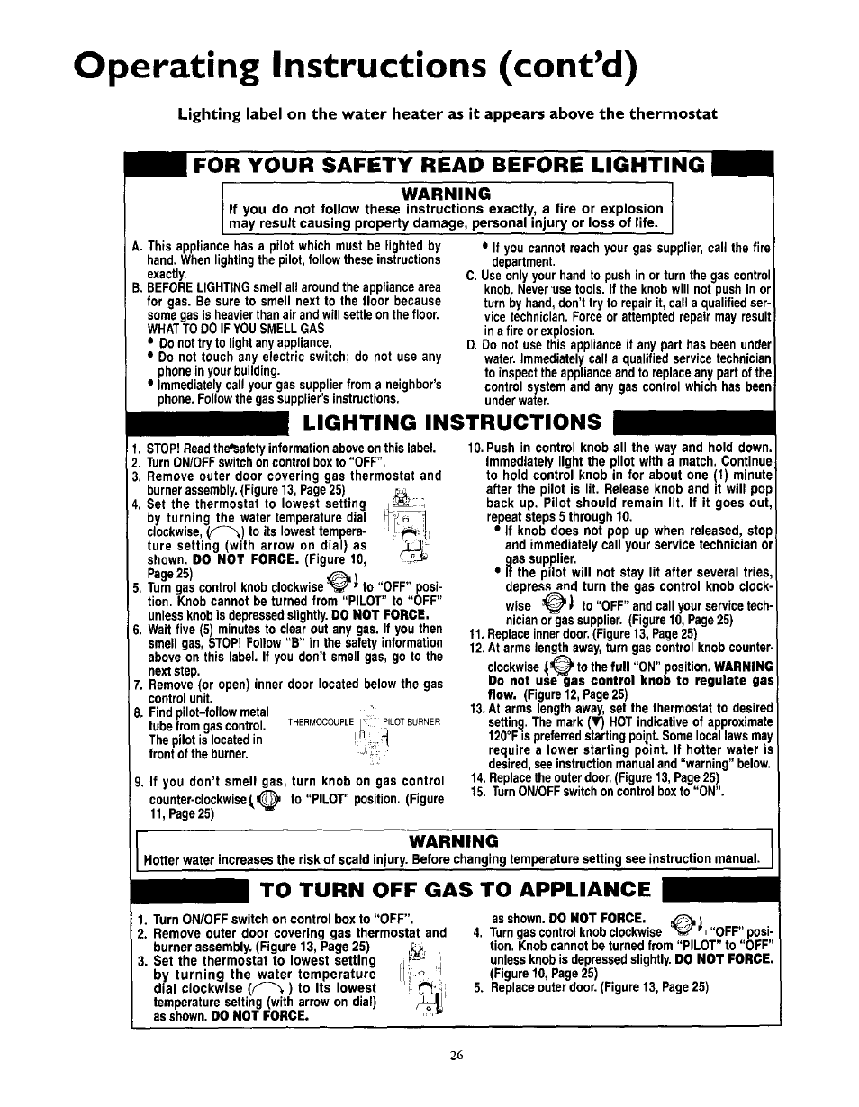 Operating instructions (cont’d), For your safety read before lighting, Lighting instructions | Warning | Kenmore 153.335963 User Manual | Page 26 / 44