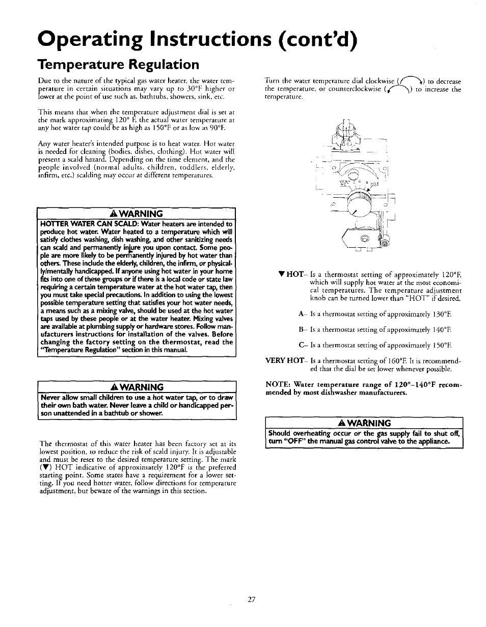 Operating instructions (contad), Temperature regulation, A warning | Kenmore 153.335963 User Manual | Page 27 / 44