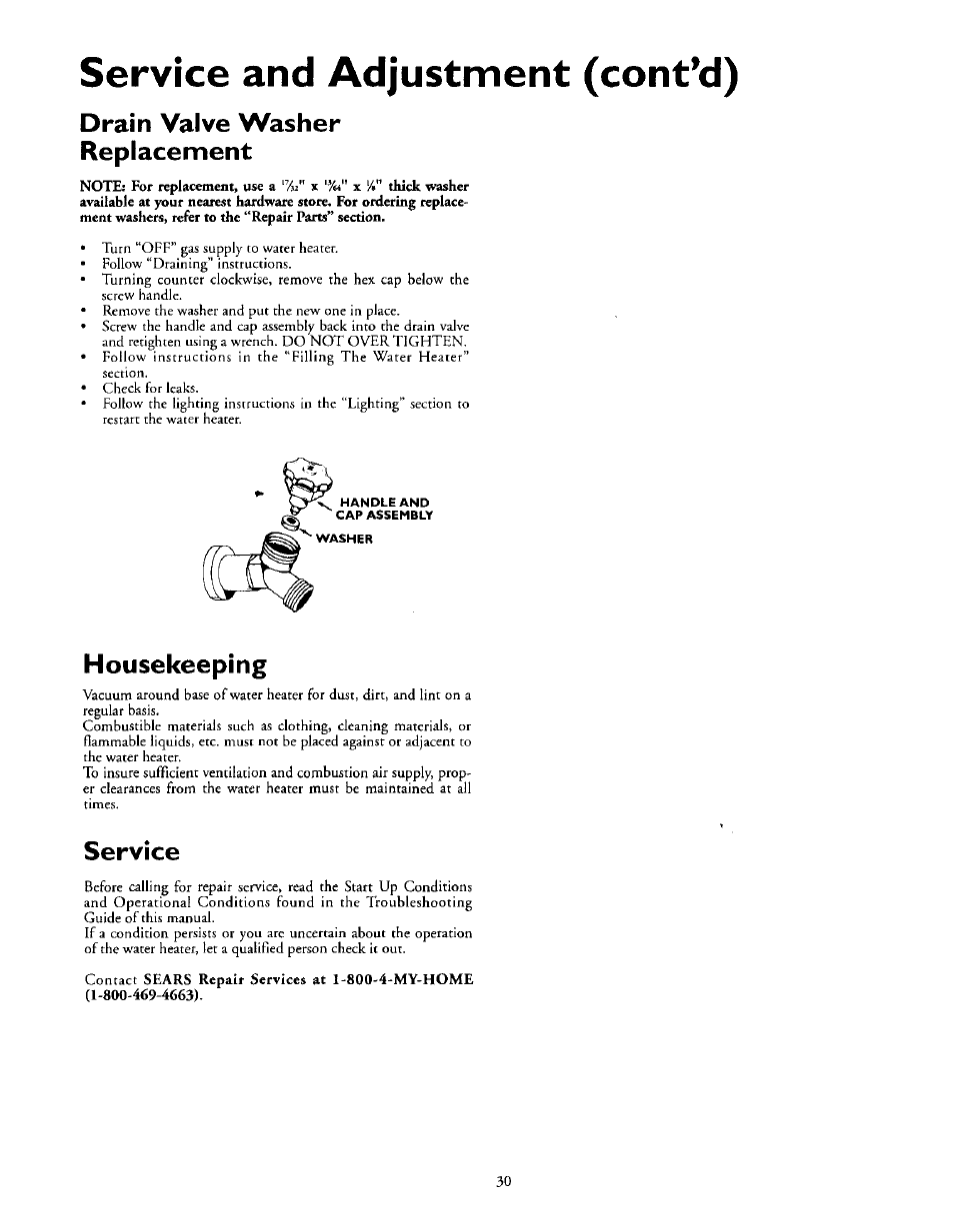 Service and adjustment (contad), Drain valve washer replacement, Housekeeping | Service | Kenmore 153.335963 User Manual | Page 30 / 44