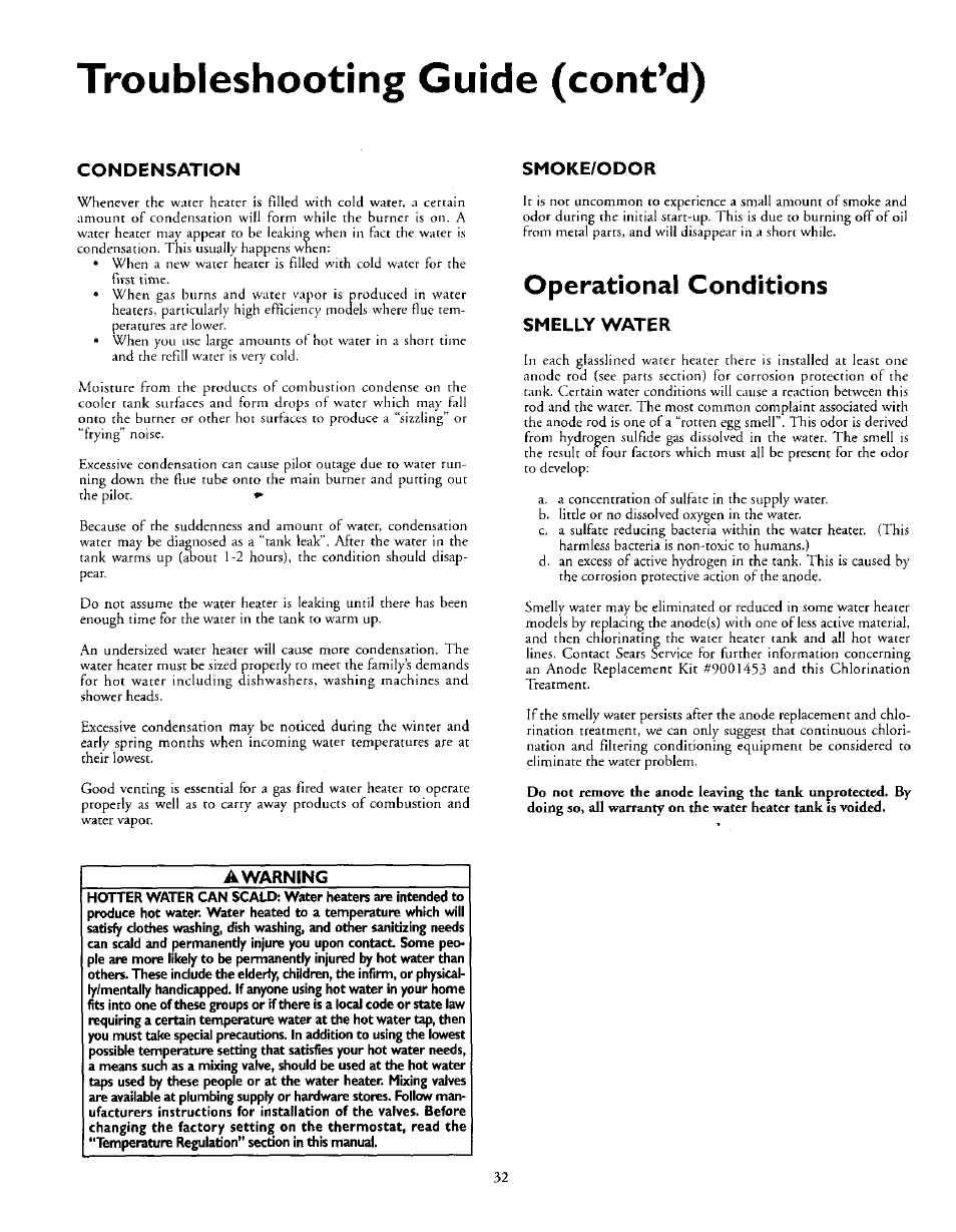 Condensation, Smoke/odor, Operational conditions | Smelly water, Awarning, Operational conditions -33, Troubleshooting guide (cont’d) | Kenmore 153.335963 User Manual | Page 32 / 44