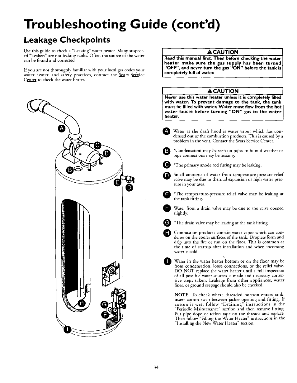 Troubleshooting guide (cont’d), Leakage checkpoints, A caution | Kenmore 153.335963 User Manual | Page 34 / 44