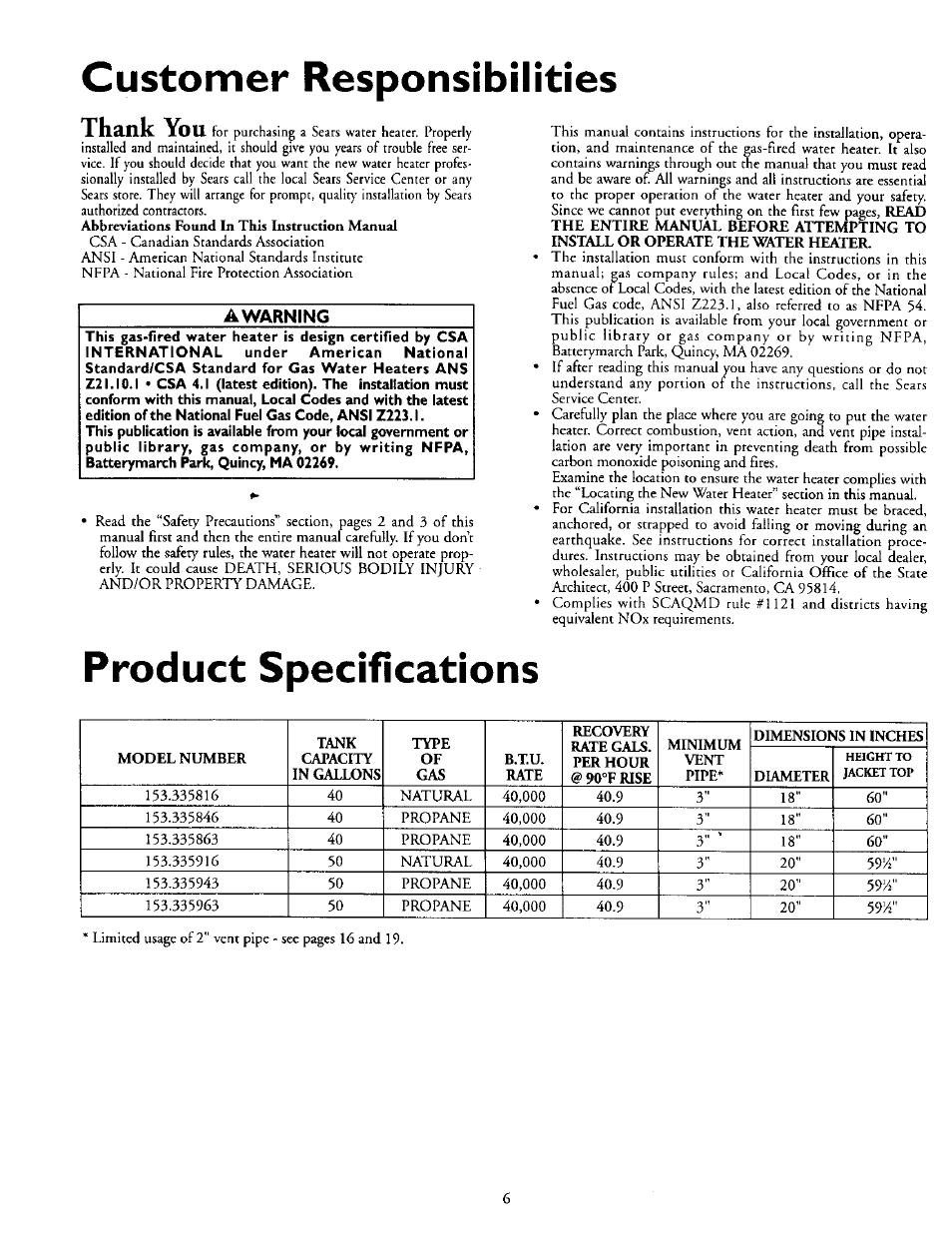 Customer responsibilities, Product specifications, A warning | Kenmore 153.335963 User Manual | Page 6 / 44