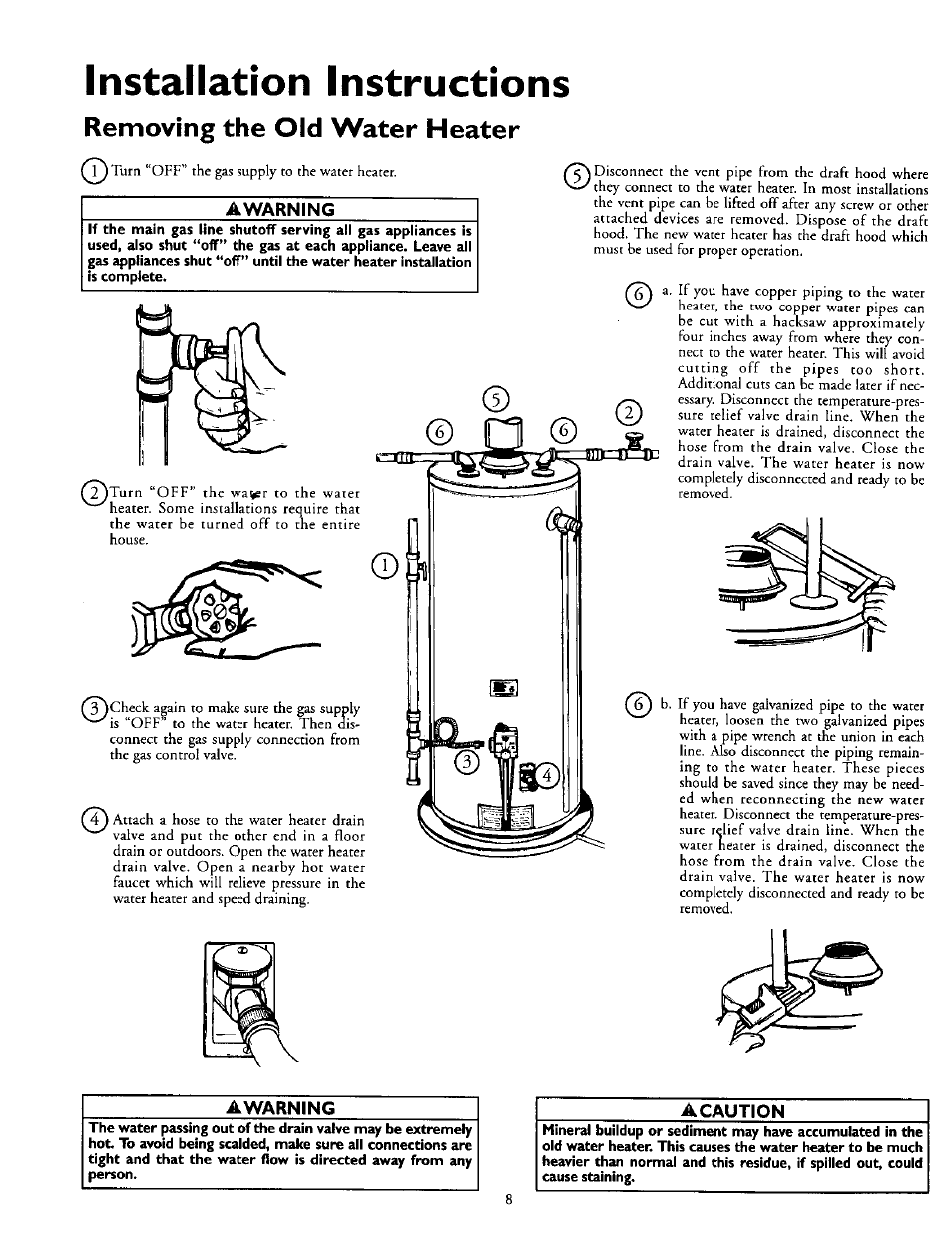 Installation instructions, Removing the old water heater, Awarning | Removing rhe old water heater, Awarning acaution | Kenmore 153.335963 User Manual | Page 8 / 44