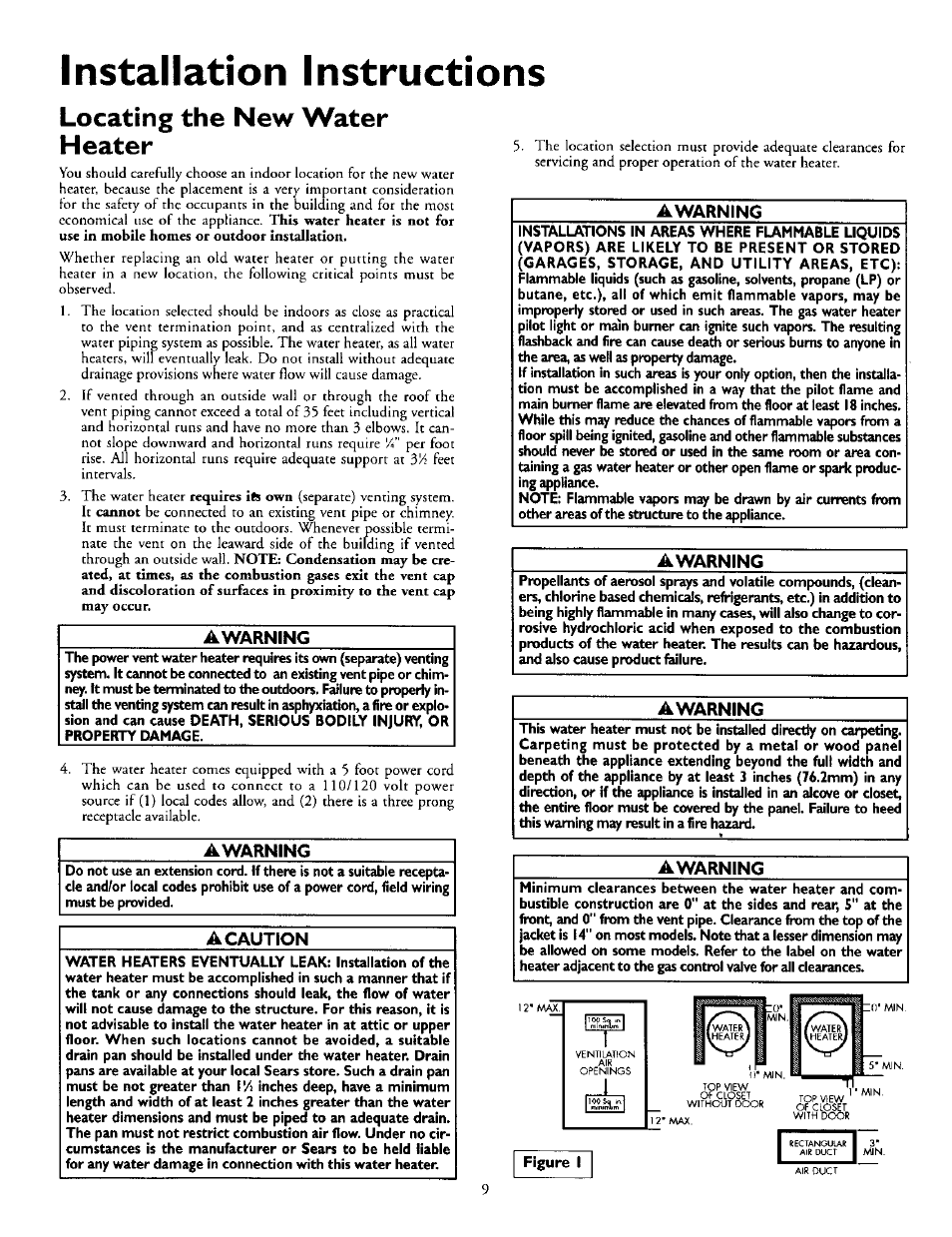 Locating the new water heater, Awarning, A caution | Filling the water heater, Installation instructions | Kenmore 153.335963 User Manual | Page 9 / 44