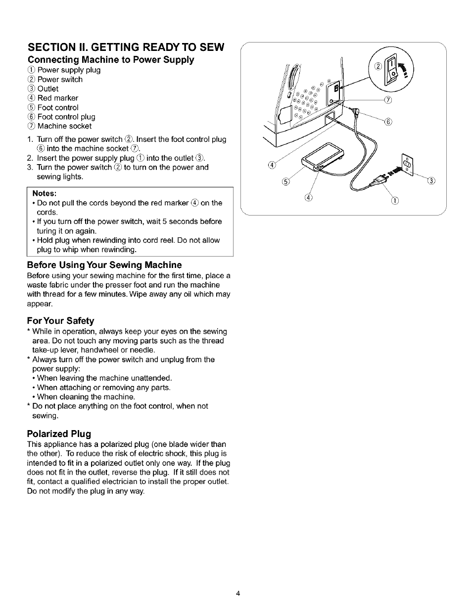 Connecting machine to power supply, Before using your sewing machine, For your safety | Polarized plug, Flag mode-language selection | Kenmore 200 User Manual | Page 10 / 90