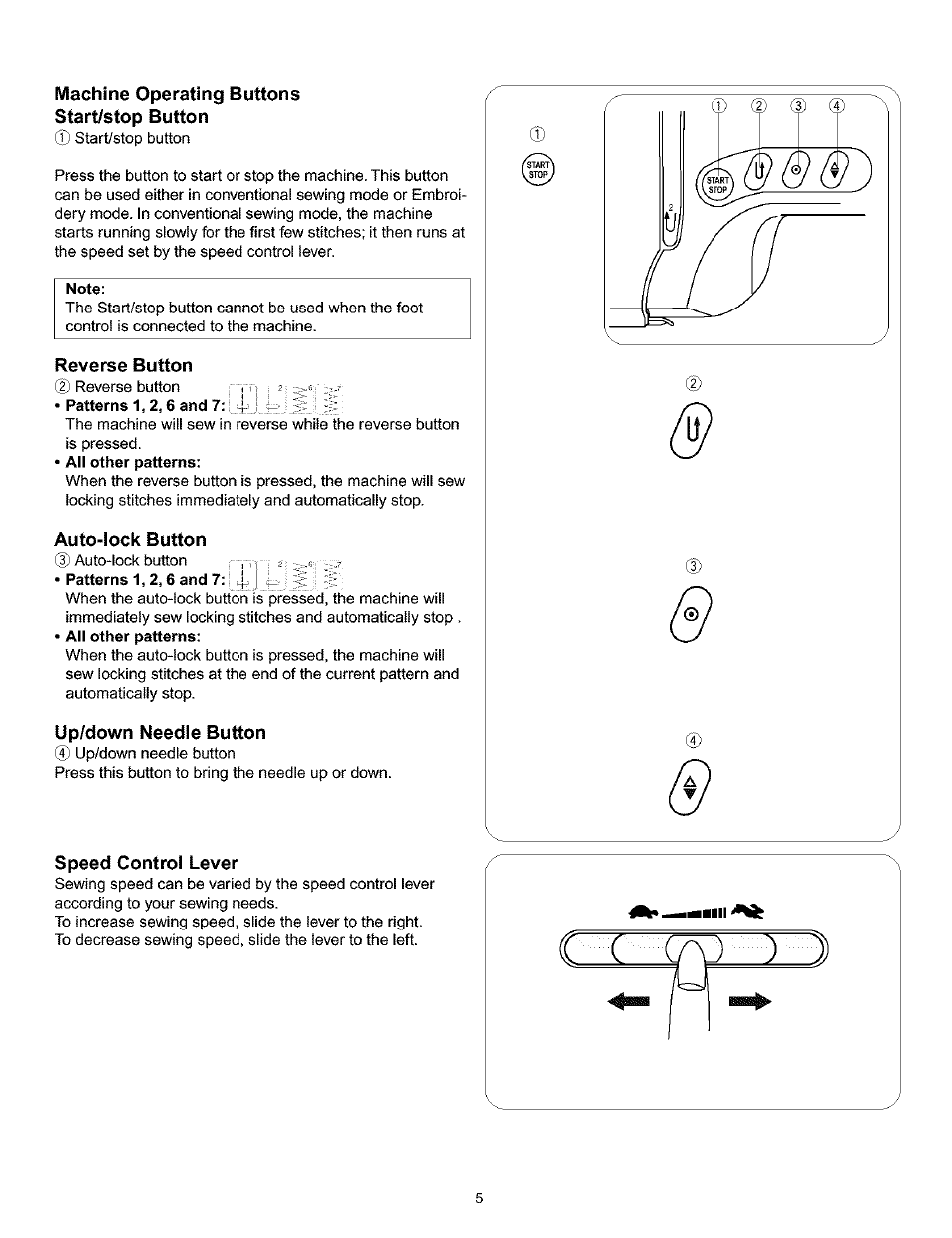 Machine operating buttons start/stop button, Note, Reverse button | Auto-lock button, Up/down needle button, Speed control lever, Up/down needle button speed control lever | Kenmore 200 User Manual | Page 11 / 90