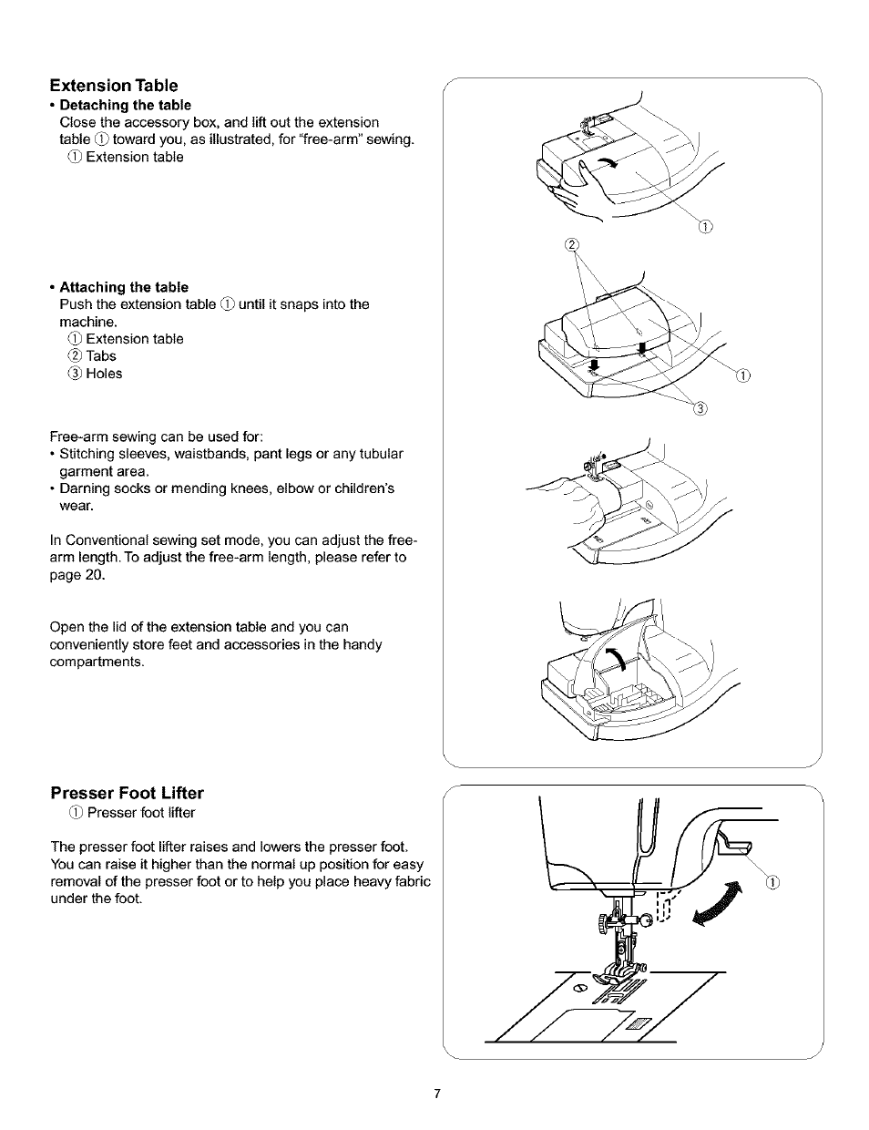 Extension table, Attaching the table, Presser foot lifter | Detaching the table, Presser foot types | Kenmore 200 User Manual | Page 13 / 90