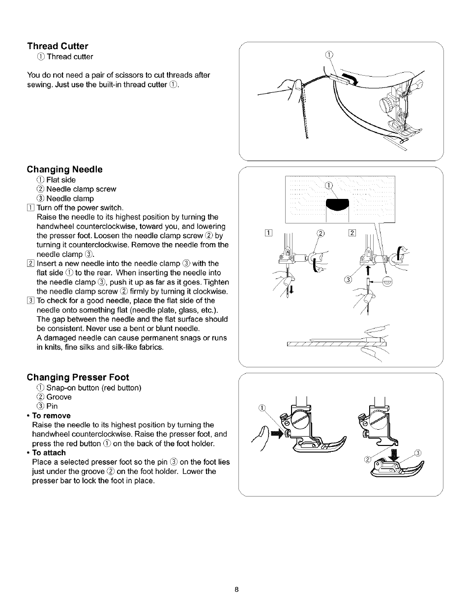 Thread cutter, Changing needle, Changing presser foot | Kenmore 200 User Manual | Page 14 / 90