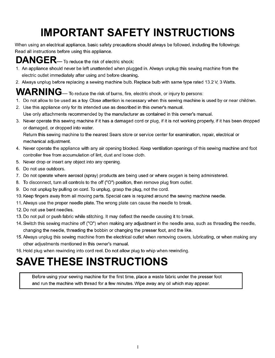 Important safety instructions, Warning, Save these instructions | Danger | Kenmore 200 User Manual | Page 2 / 90