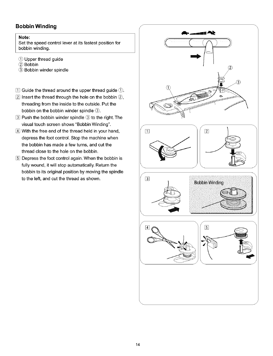 Bobbin winding, Note, Bobbin winding -15 | Kenmore 200 User Manual | Page 20 / 90