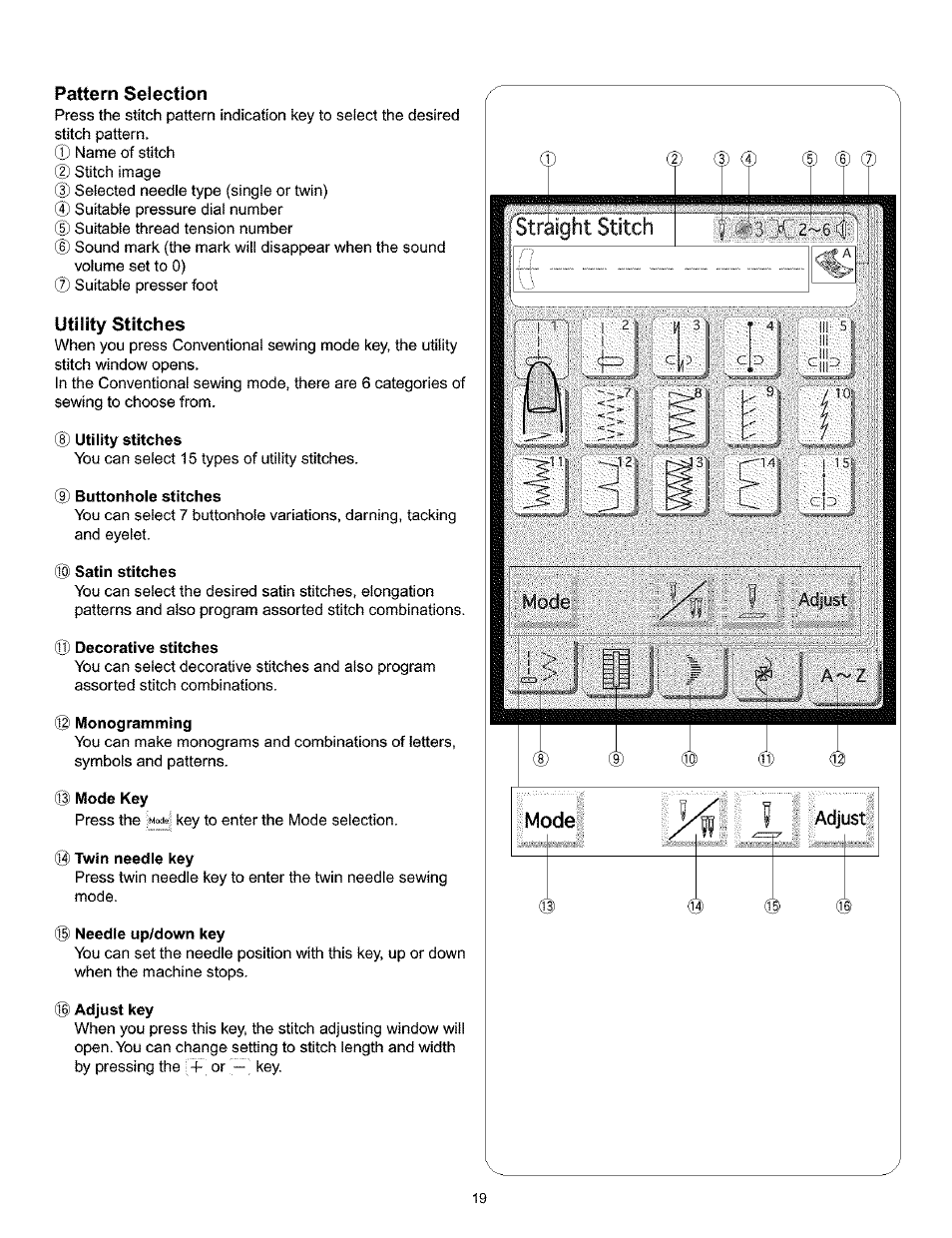 Pattern selection, Utility stitches, Pattern selection utility stitches | Kenmore 200 User Manual | Page 25 / 90