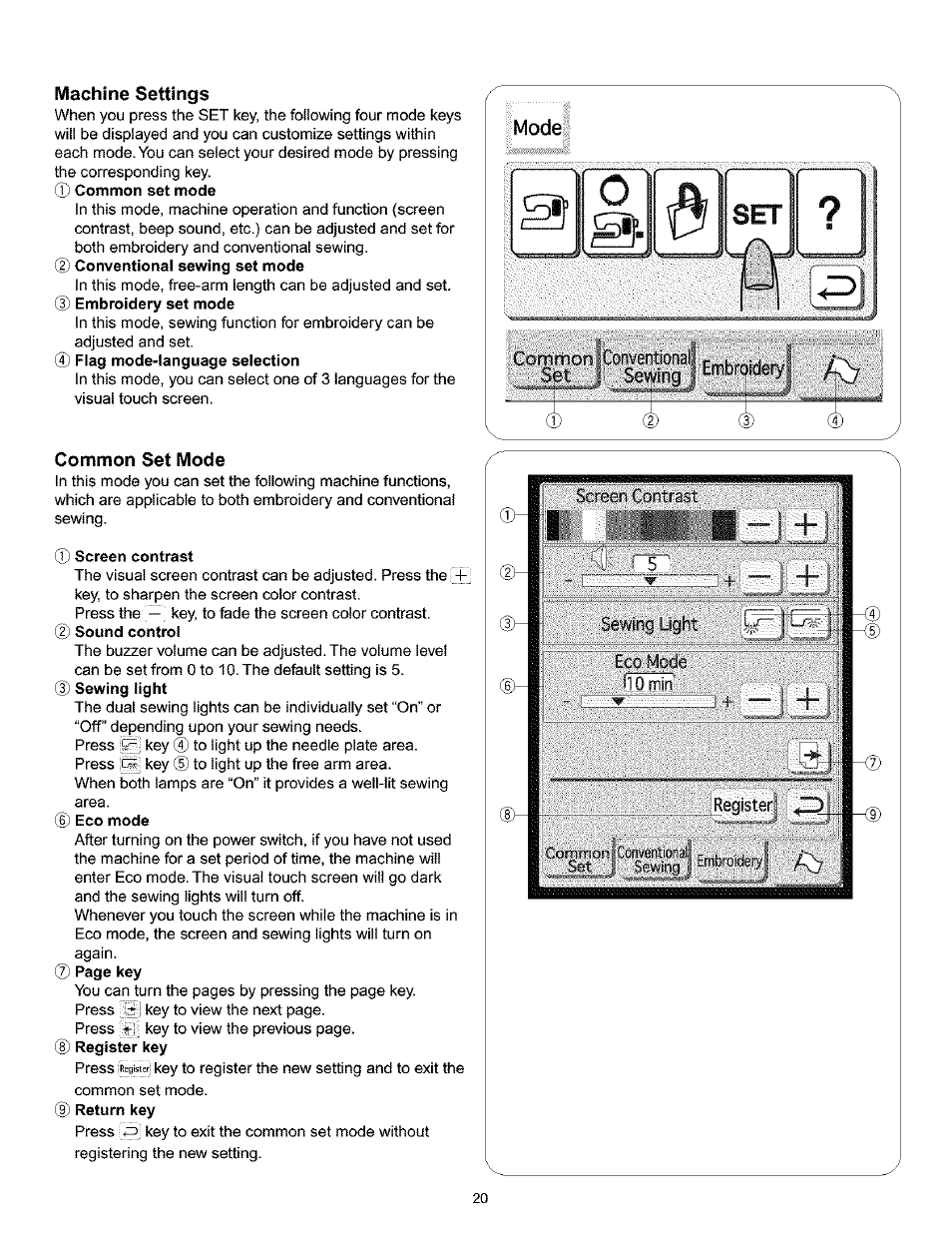 Machine settings, Common set mode, Machine settings common set mode | Mode | Kenmore 200 User Manual | Page 26 / 90