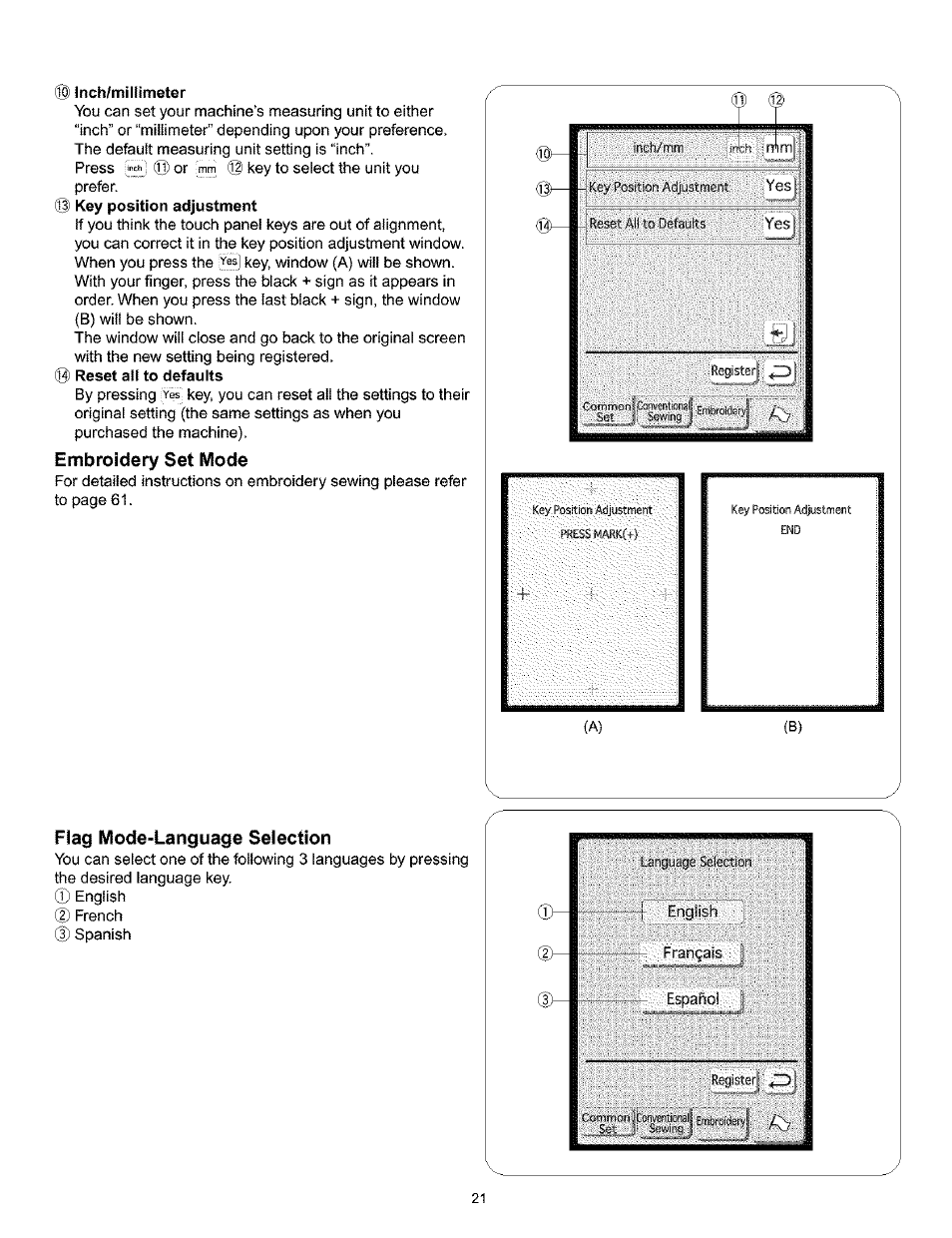 Embroidery set mode, Flag mode-language selection | Kenmore 200 User Manual | Page 27 / 90