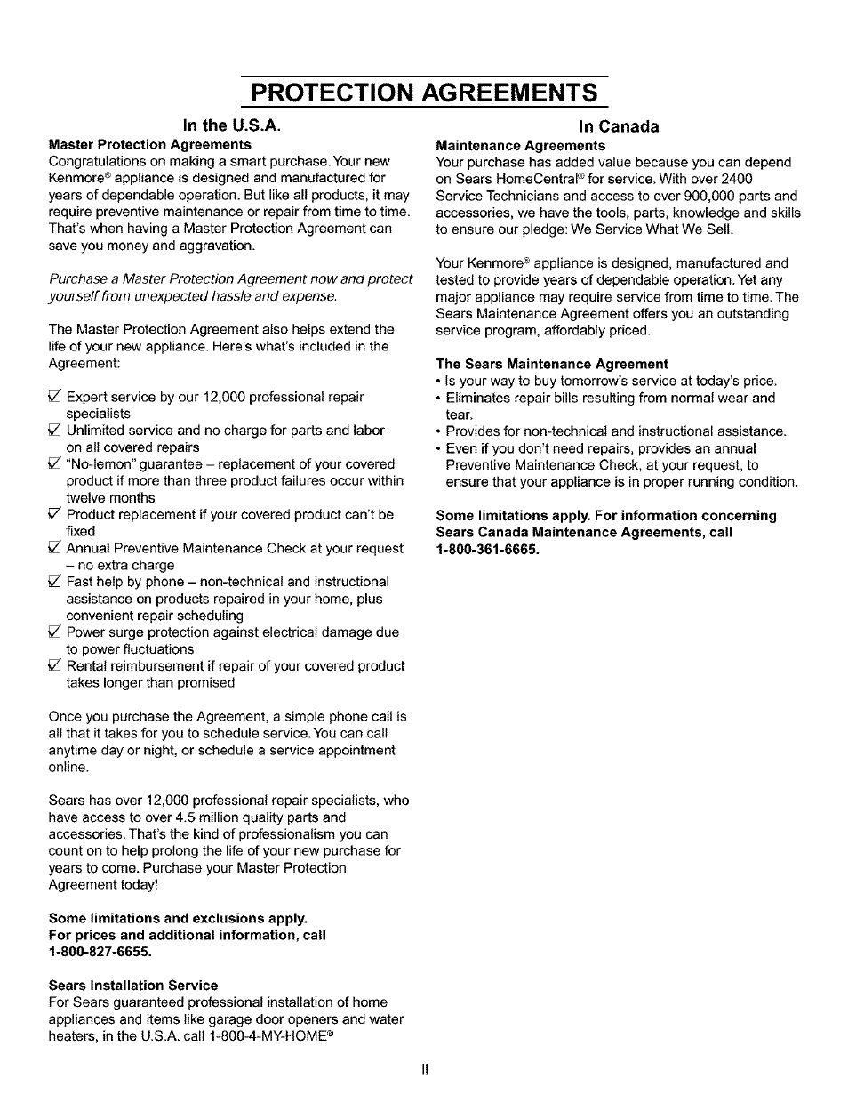 Protection agreements, In the u.s.a, In canada | The sears maintenance agreement, Some limitations and exclusions apply, Sears installation service | Kenmore 200 User Manual | Page 3 / 90