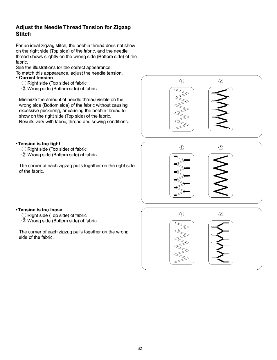 Adjust the needle thread tension for zigzag stitch | Kenmore 200 User Manual | Page 38 / 90