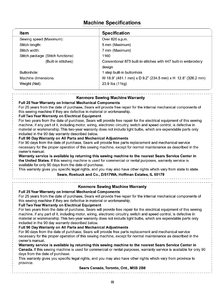 Machine specifications | Kenmore 200 User Manual | Page 4 / 90