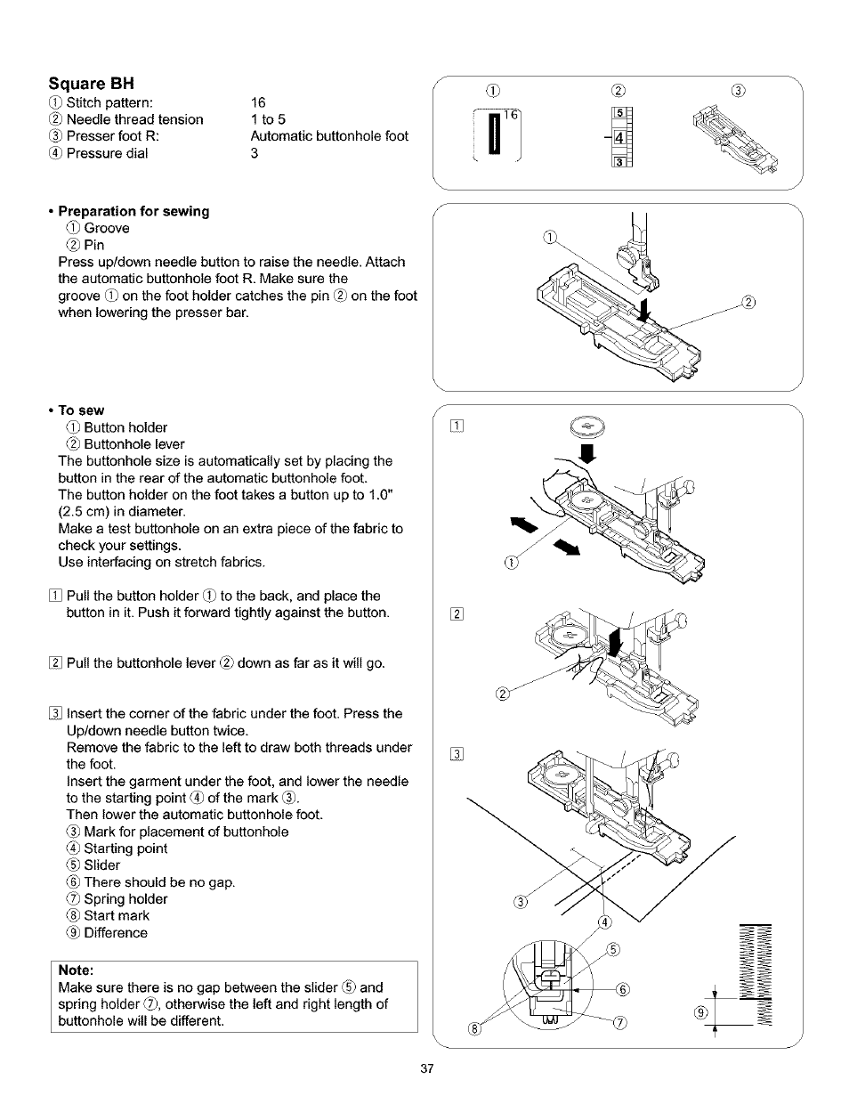 Square bh, Preparation for sewing, To sew | Note | Kenmore 200 User Manual | Page 43 / 90