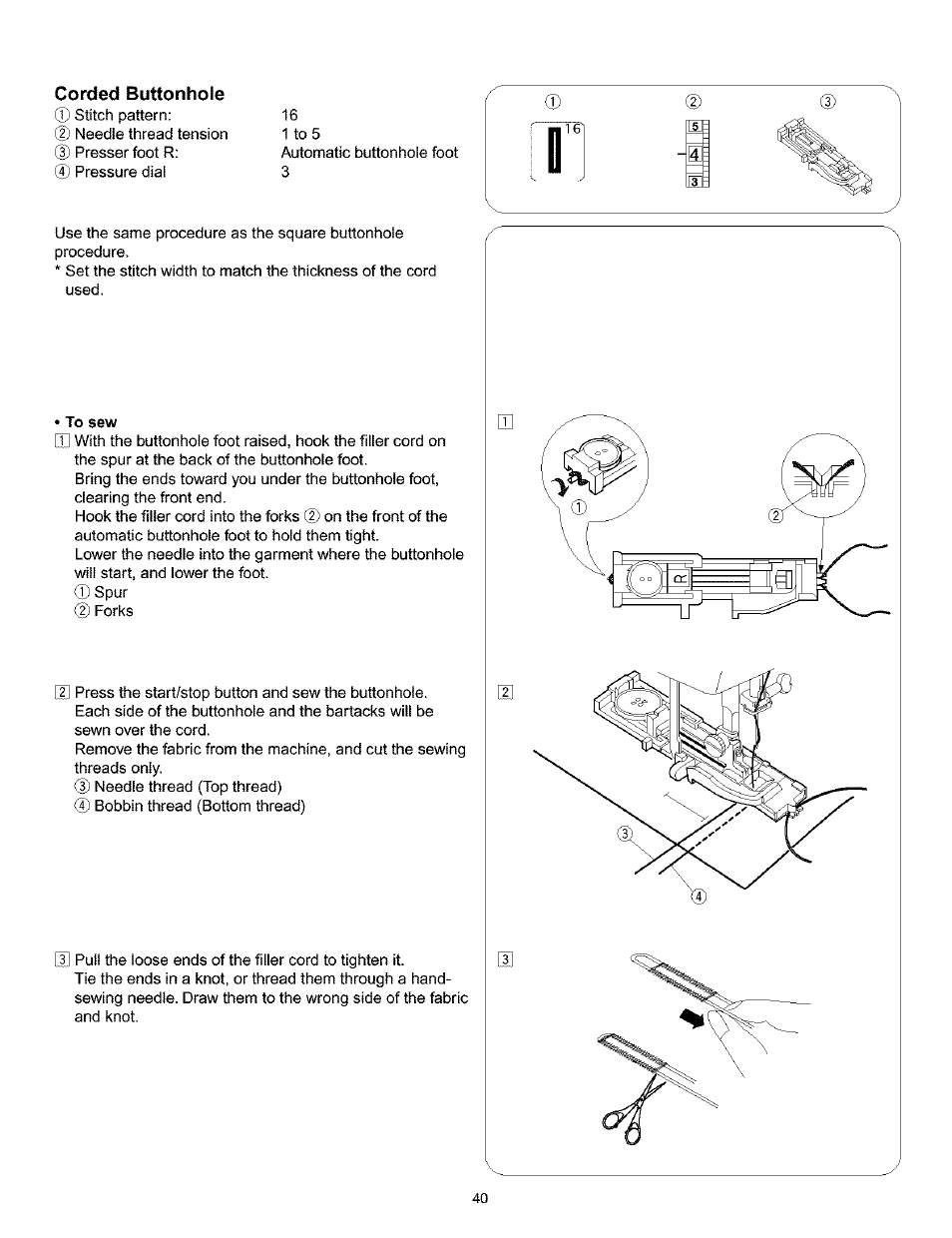 Corded buttonhole, Corded buttonhoie | Kenmore 200 User Manual | Page 46 / 90