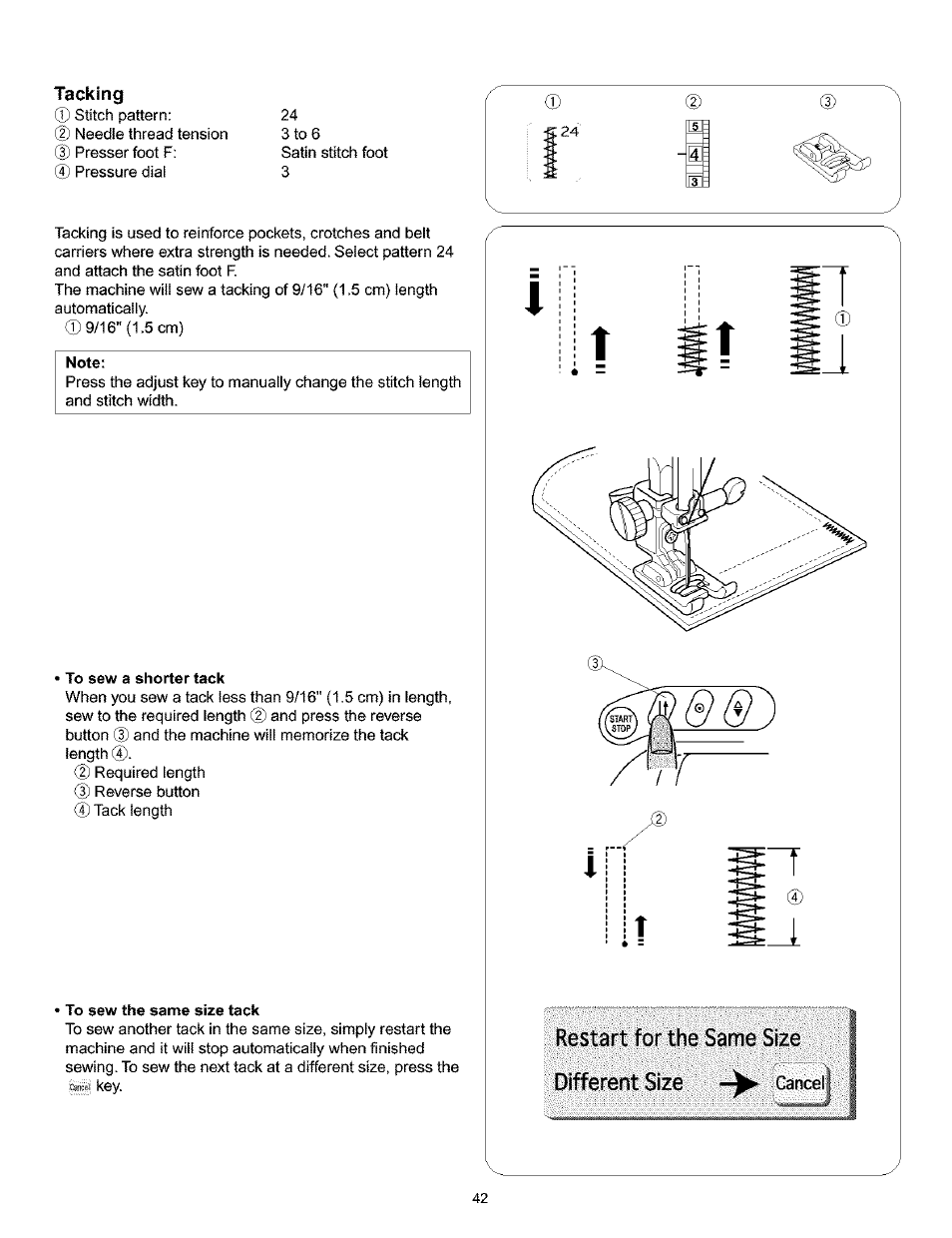 Tacking, Restart for the same size different size | Kenmore 200 User Manual | Page 48 / 90