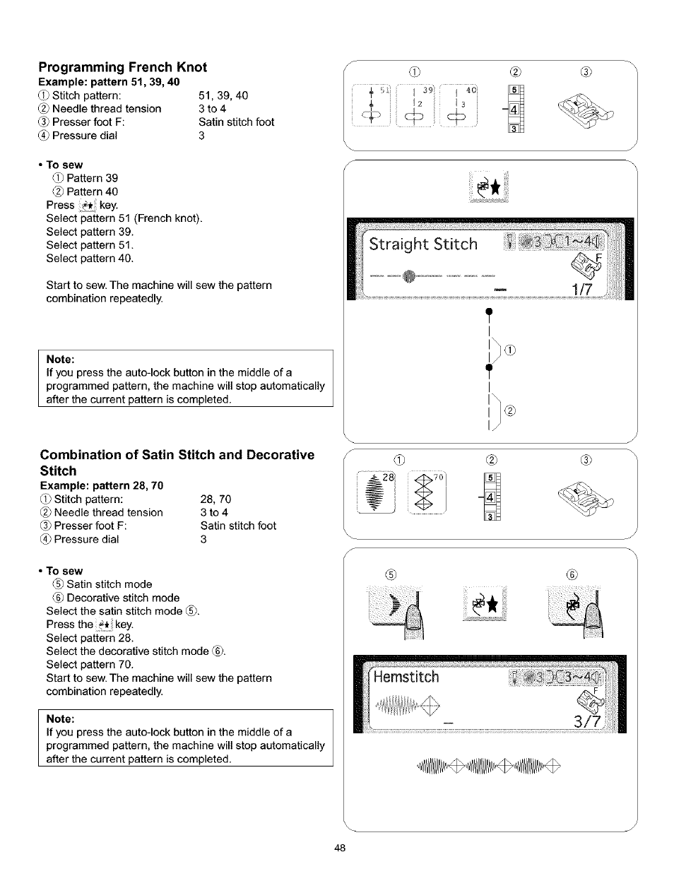 Programming french knot, Combination of satin stitch and decorative stitch, Iiliilll | Kenmore 200 User Manual | Page 54 / 90