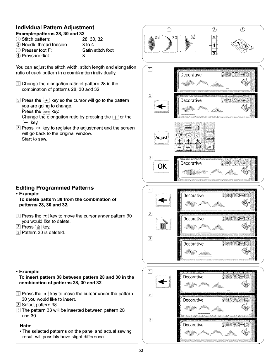 Individual pattern adjustment, Editing programmed patterns | Kenmore 200 User Manual | Page 56 / 90