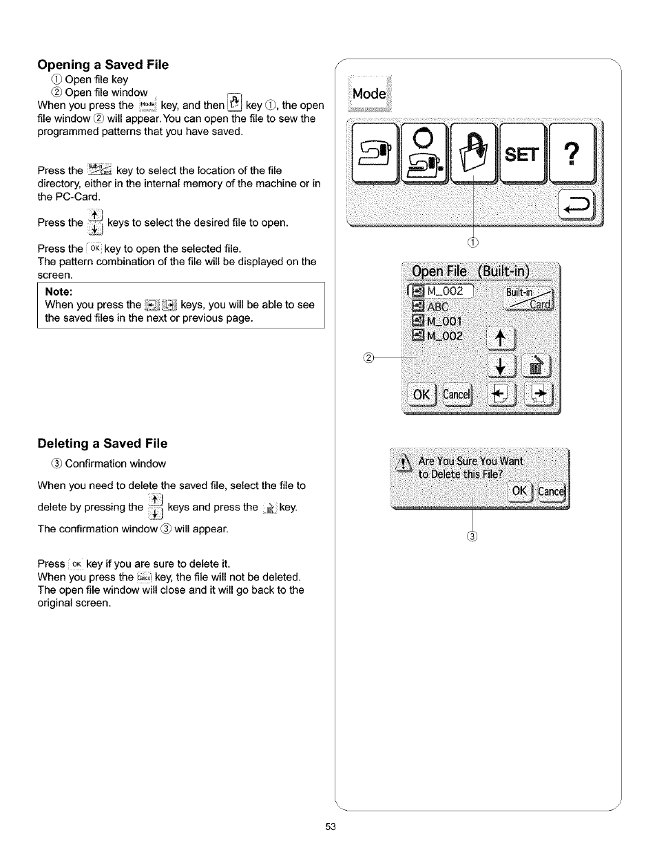 Opening a saved file, Note, Deleting a saved file | I ft i | Kenmore 200 User Manual | Page 59 / 90