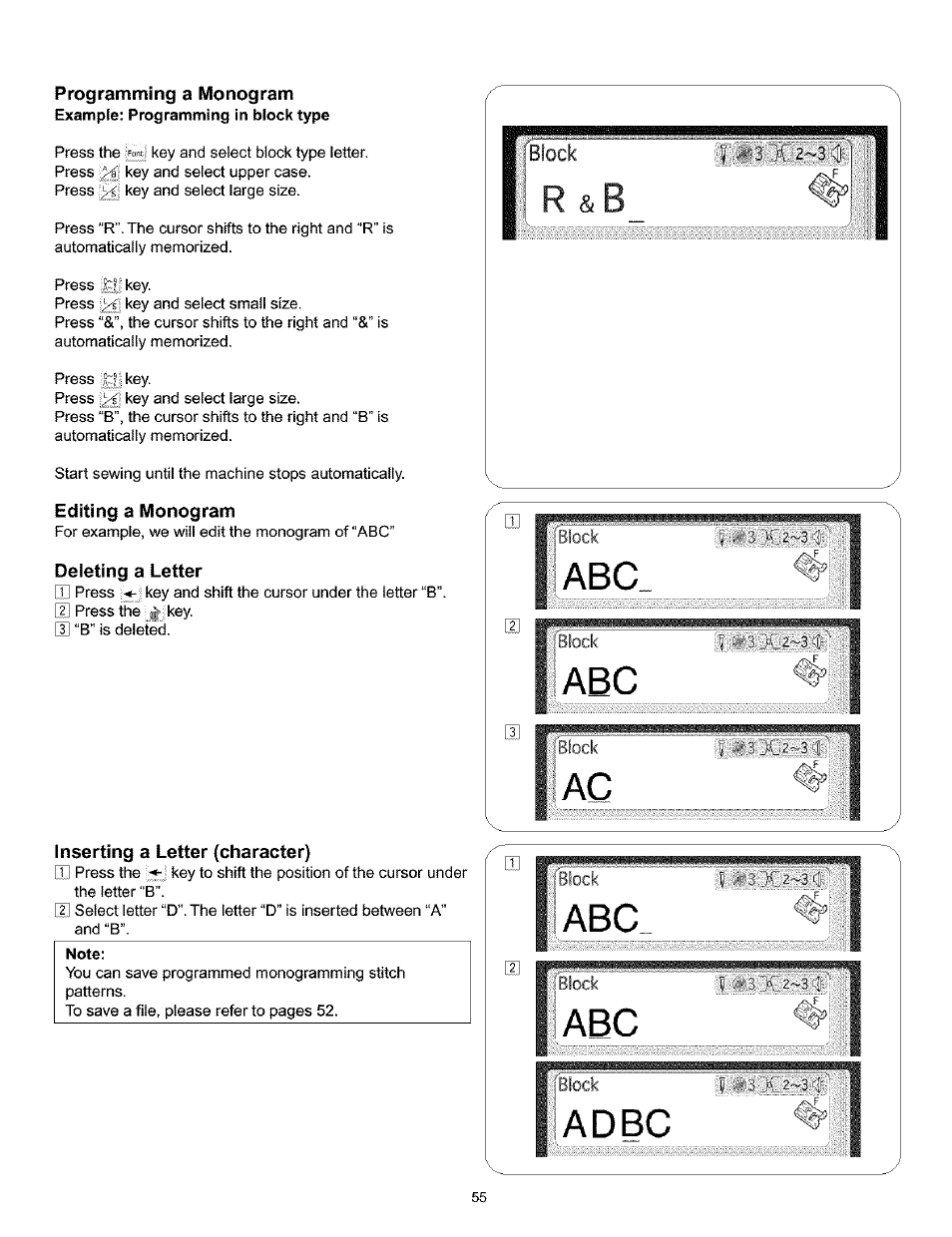 Programming a monogram, Editing a monogram, Deleting a letter | Inserting a letter (character), Note, I r &b, 1 abc | Kenmore 200 User Manual | Page 61 / 90