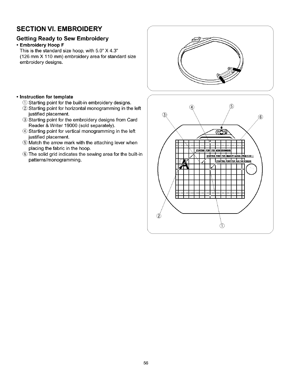 Getting ready to sew embroidery, Instruction for template | Kenmore 200 User Manual | Page 62 / 90