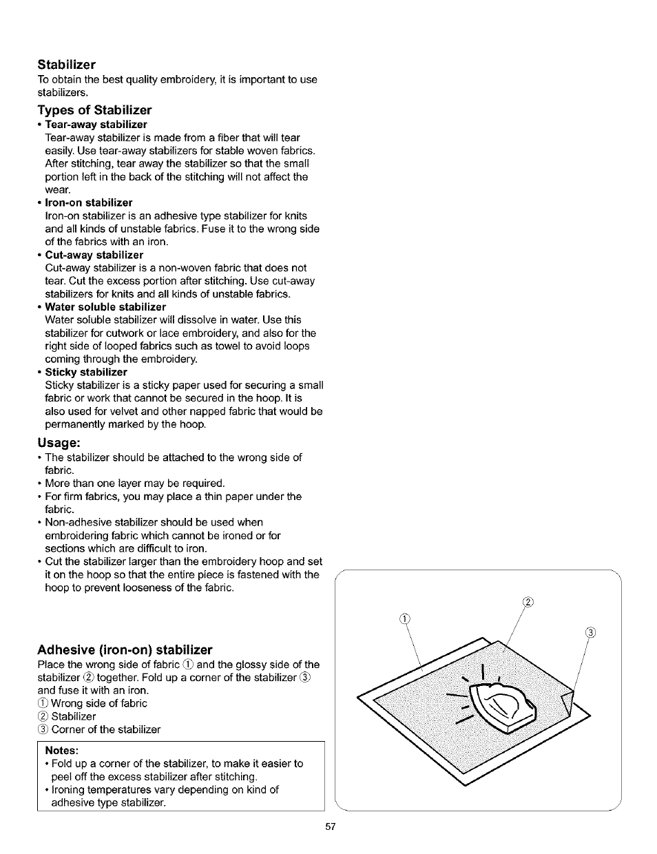 Stabilizer, Types of stabilizer, Usage | Adhesive (iron-on) stabilizer, Notes, Stabilizer types of stabilizer | Kenmore 200 User Manual | Page 63 / 90