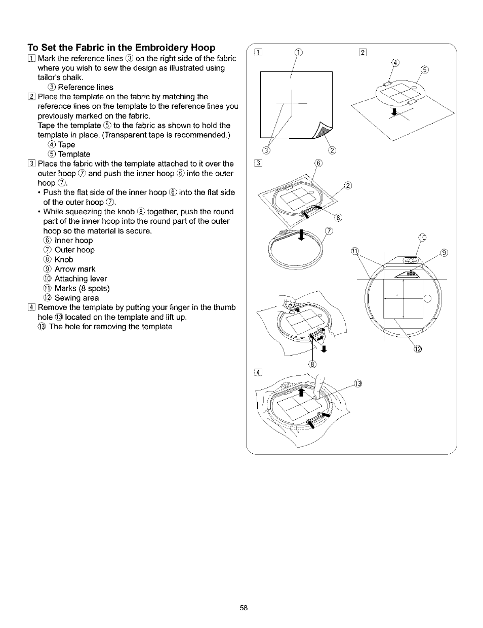 To set the fabric in the embroidery hoop | Kenmore 200 User Manual | Page 64 / 90