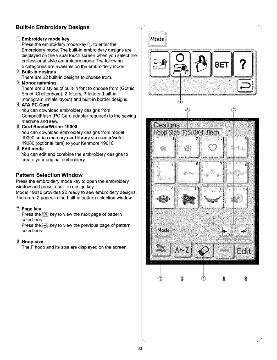 Built-in embroidery designs, Pattern selection window | Kenmore 200 User Manual | Page 66 / 90