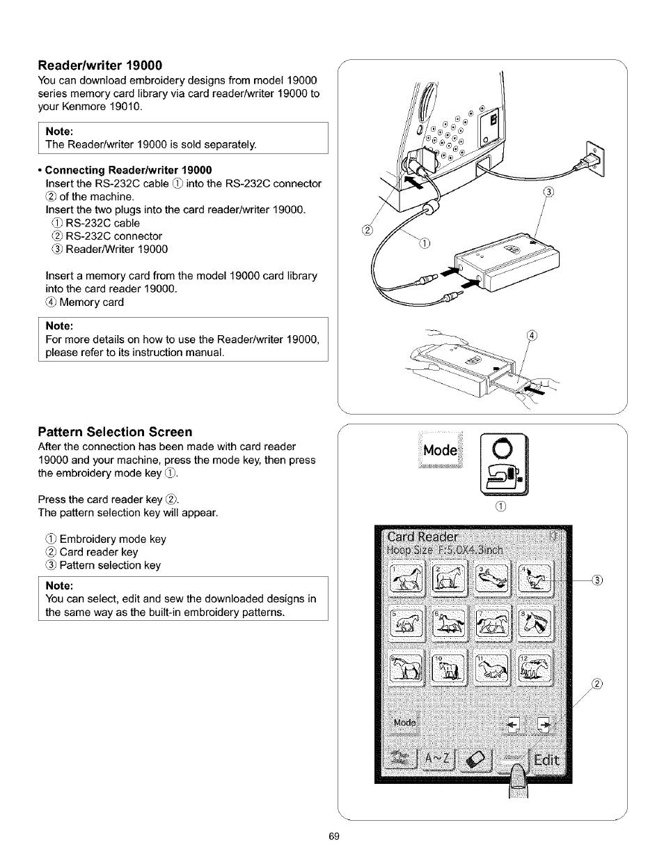 Reader/writer 19000, Connecting reader/writer 19000, Note | Pattern seiection screen, Pattern selection screen | Kenmore 200 User Manual | Page 75 / 90