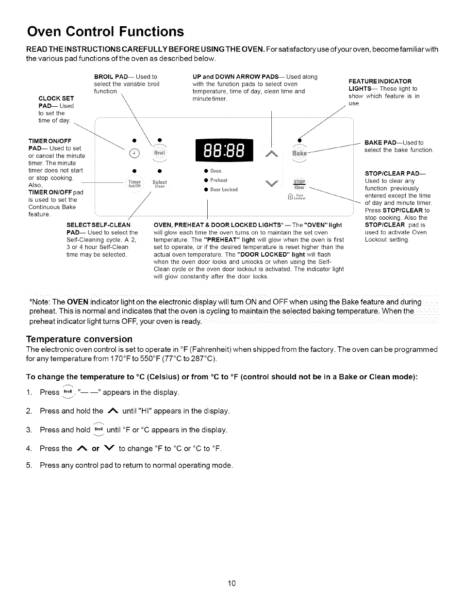 Temperature conversion, Oven control functions | Kenmore 790.7863 User Manual | Page 10 / 20