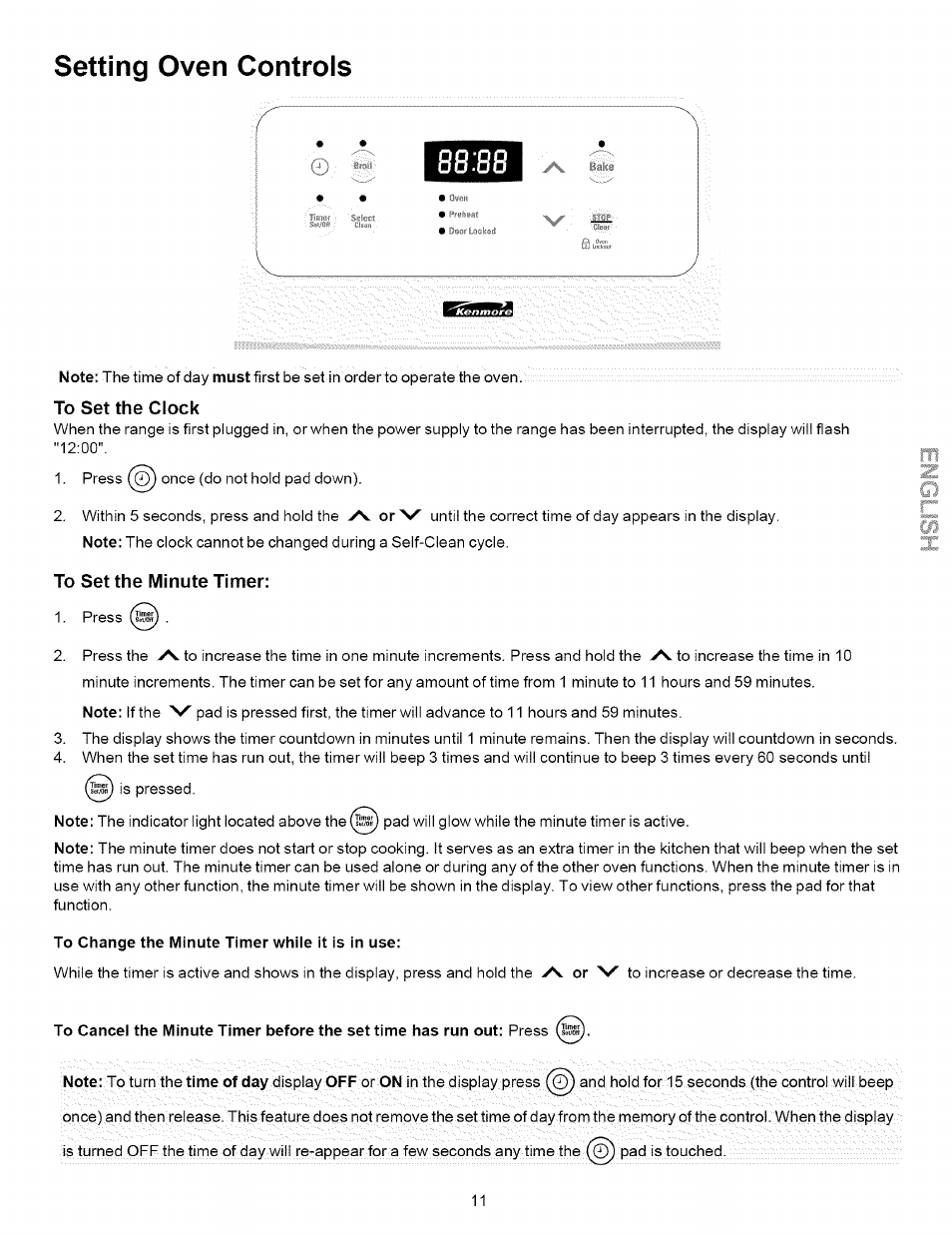 To set the clock, To set the minute timer, Setting oven controls | Kenmore 790.7863 User Manual | Page 11 / 20